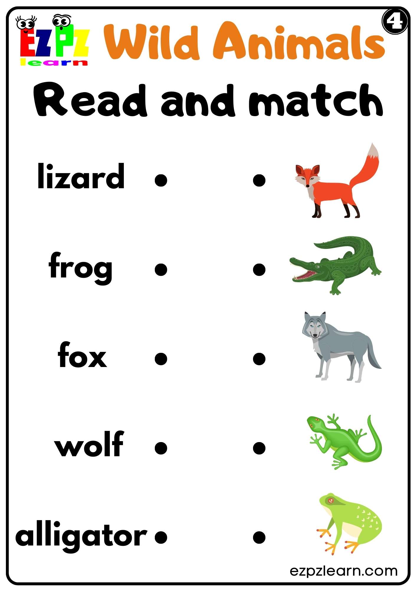 Wild Animals Read and Match Worksheet for Kids and ESL PDF Download Set 4 -  