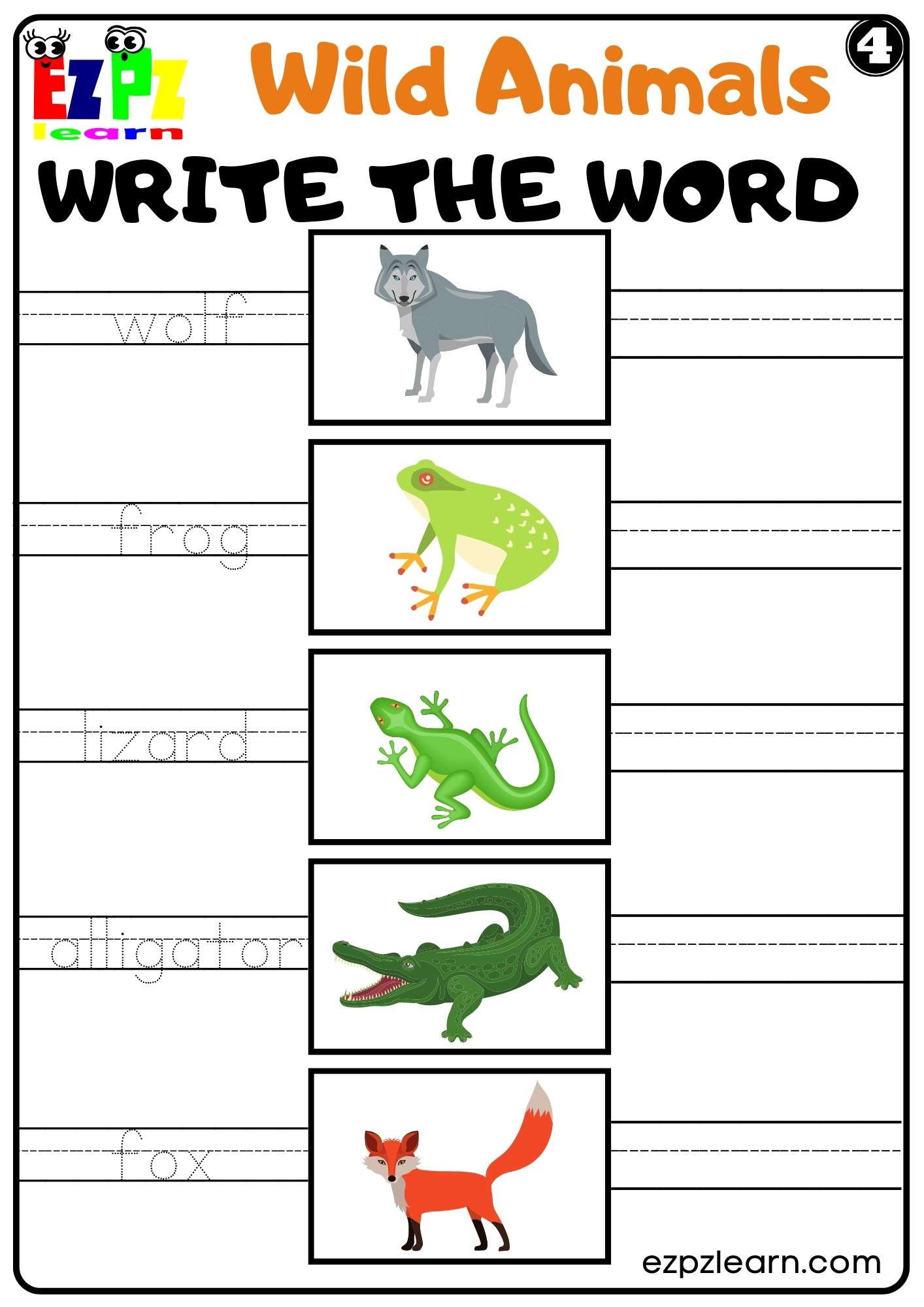 Wild Animals Write the Word Worksheet for Kids and ESL PDF Download Set 4 -  