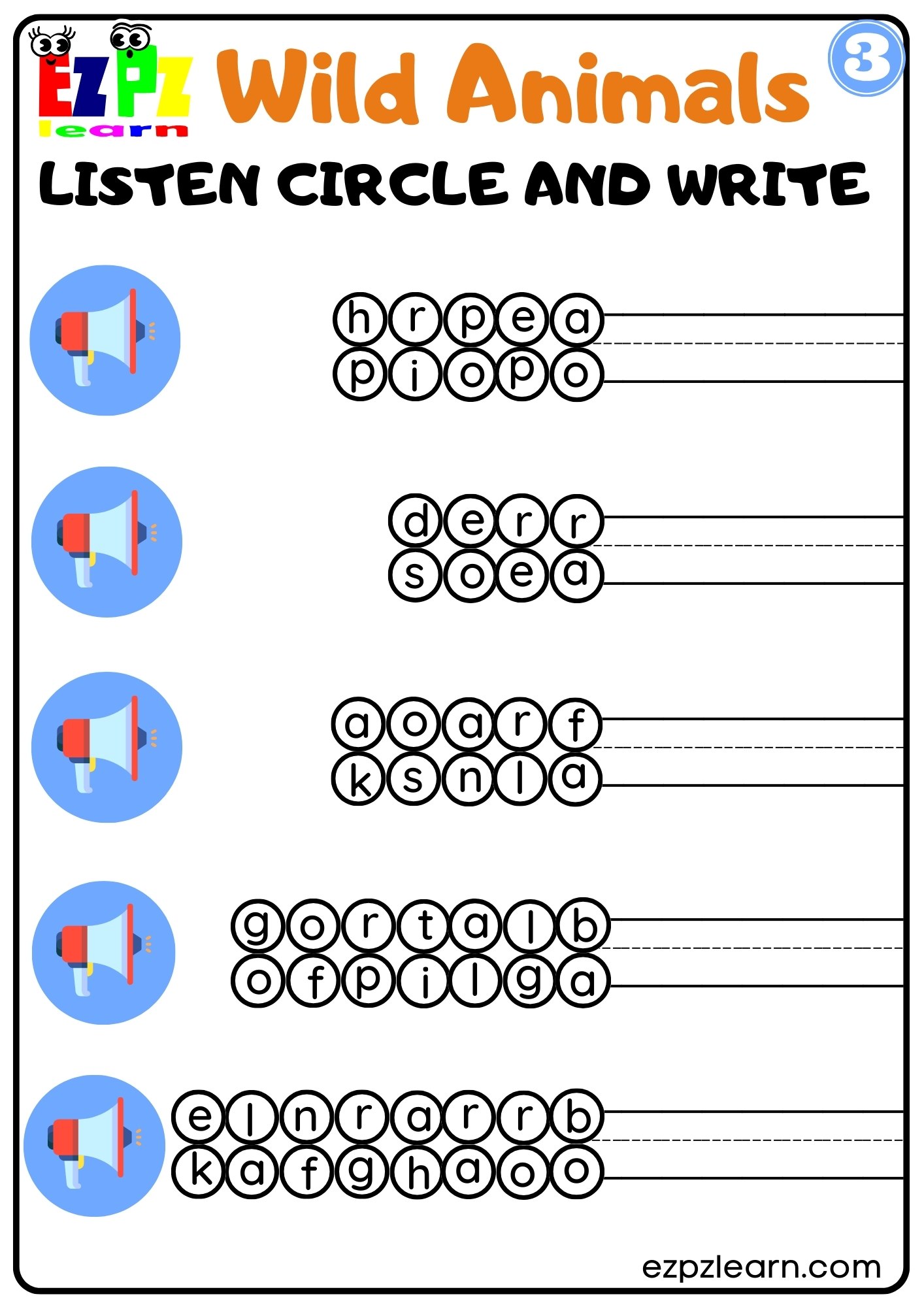 Interactive Worksheet for Wild Animals Listen, Circle and Write the ...