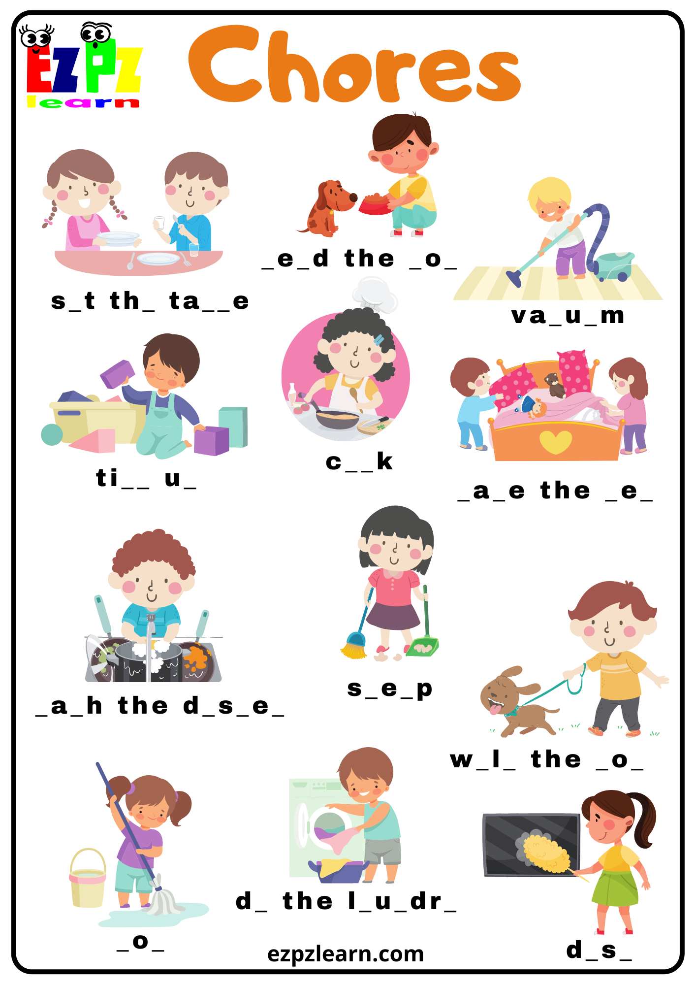 Chores Fill In The Letters Worksheet. Free Free Pdf Download 