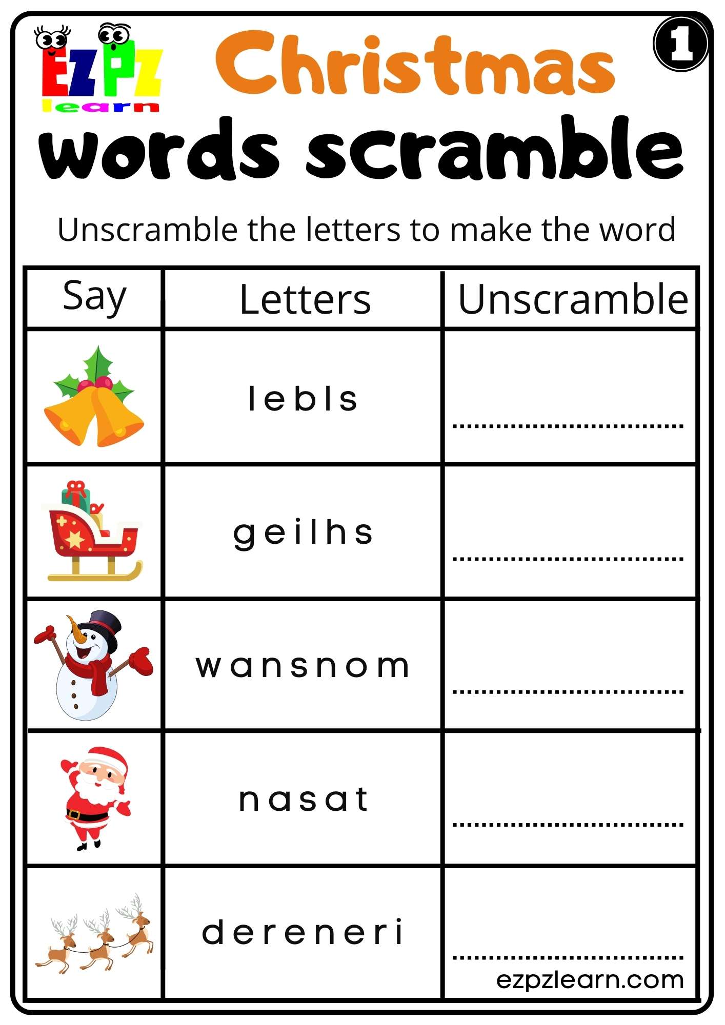 Christmas Holiday Word Scramble Set 1 For Kids K5 and ESL Free PDF ...