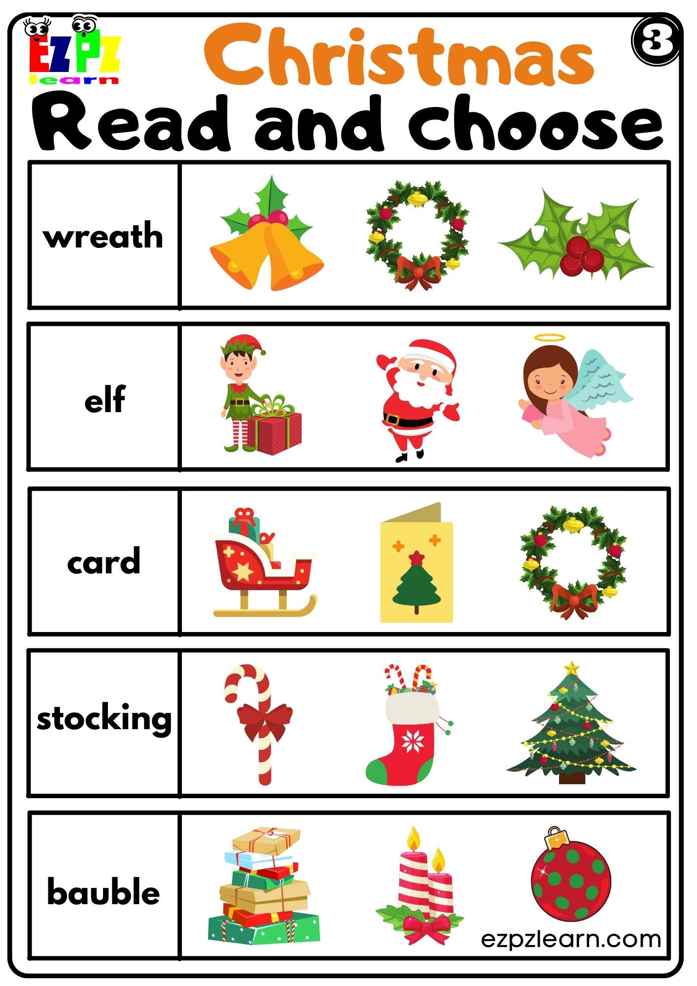 Christmas Holiday Read and Choose Worksheet For K5 Kids and ESL Set3 ...