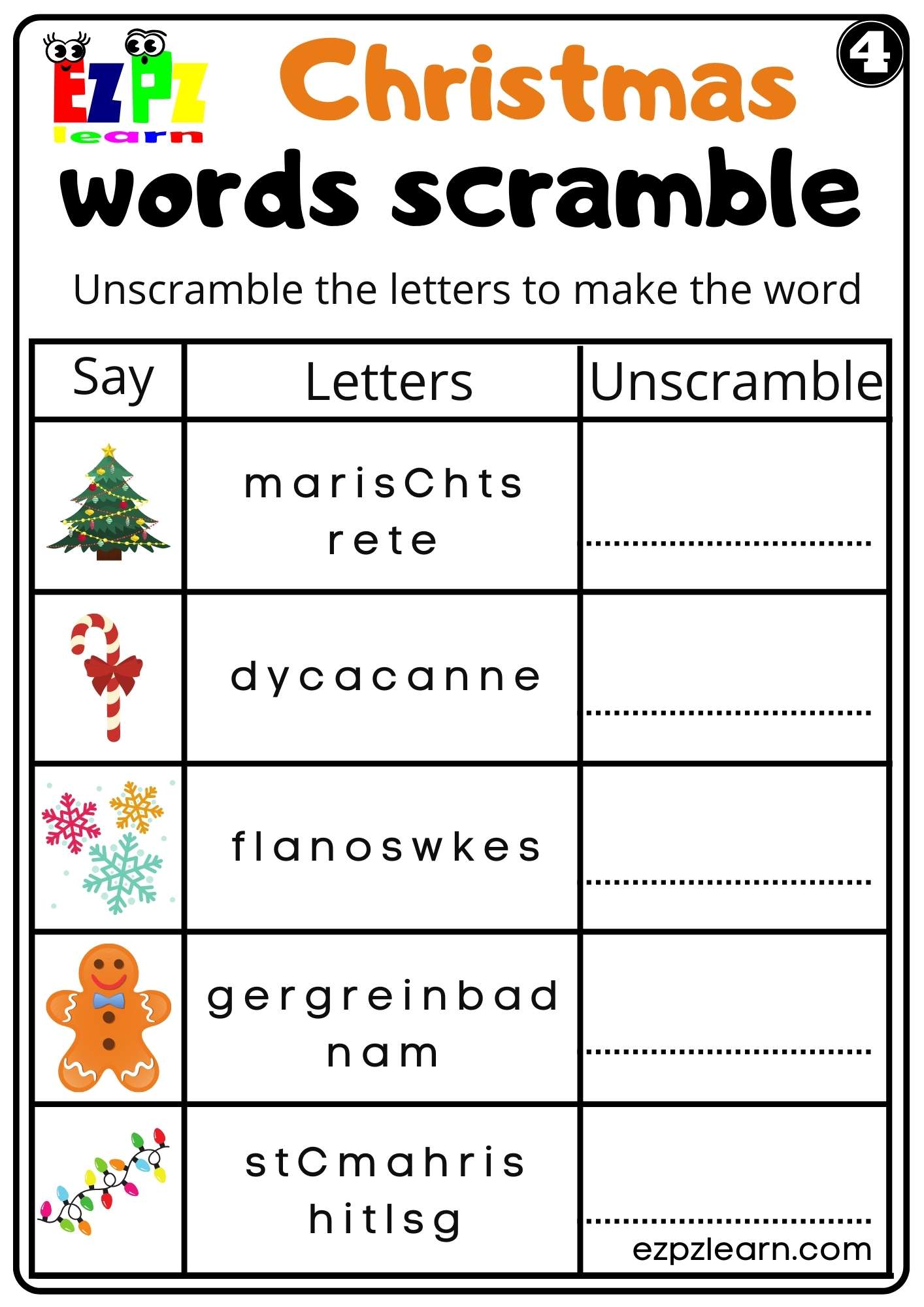 Christmas Holiday Word Scramble Worksheet For K5 Kids and ESL Set 4 PDF Download - Ezpzlearn.com