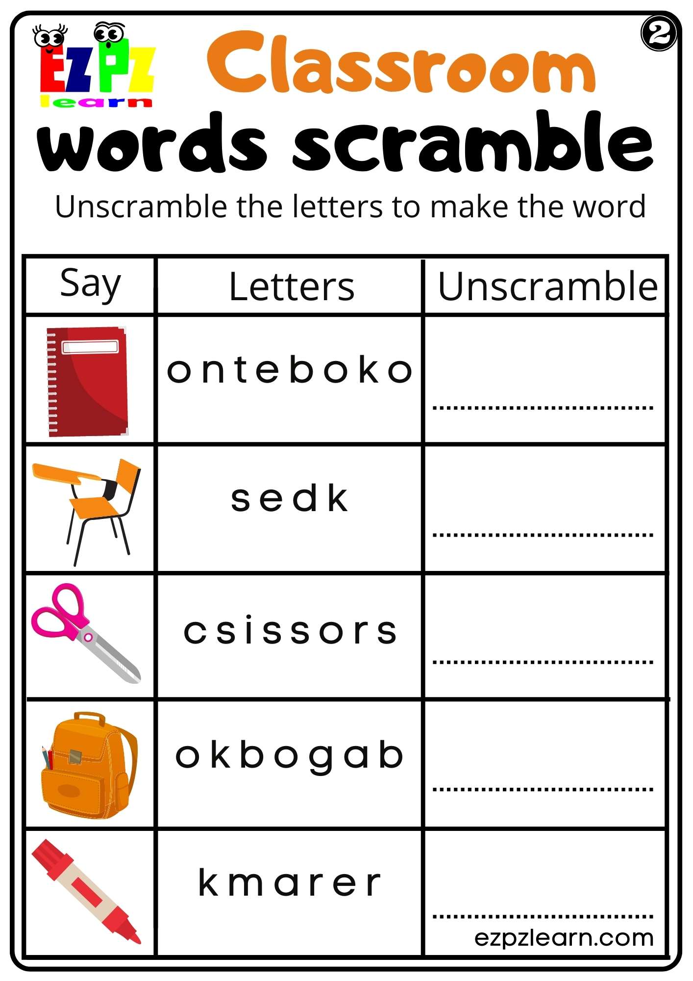 Classroom Words Scramble Worksheet Set 2 For Kids - Ezpzlearn.com