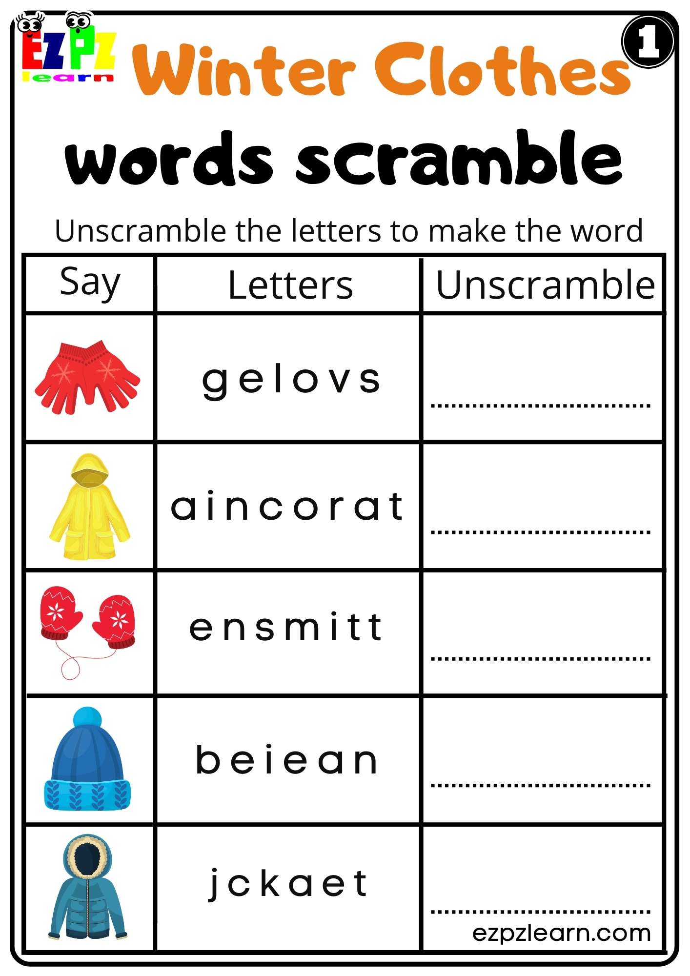 Winter Clothes Word Scramble Worksheet for K5 and ESL PDF Download Set ...