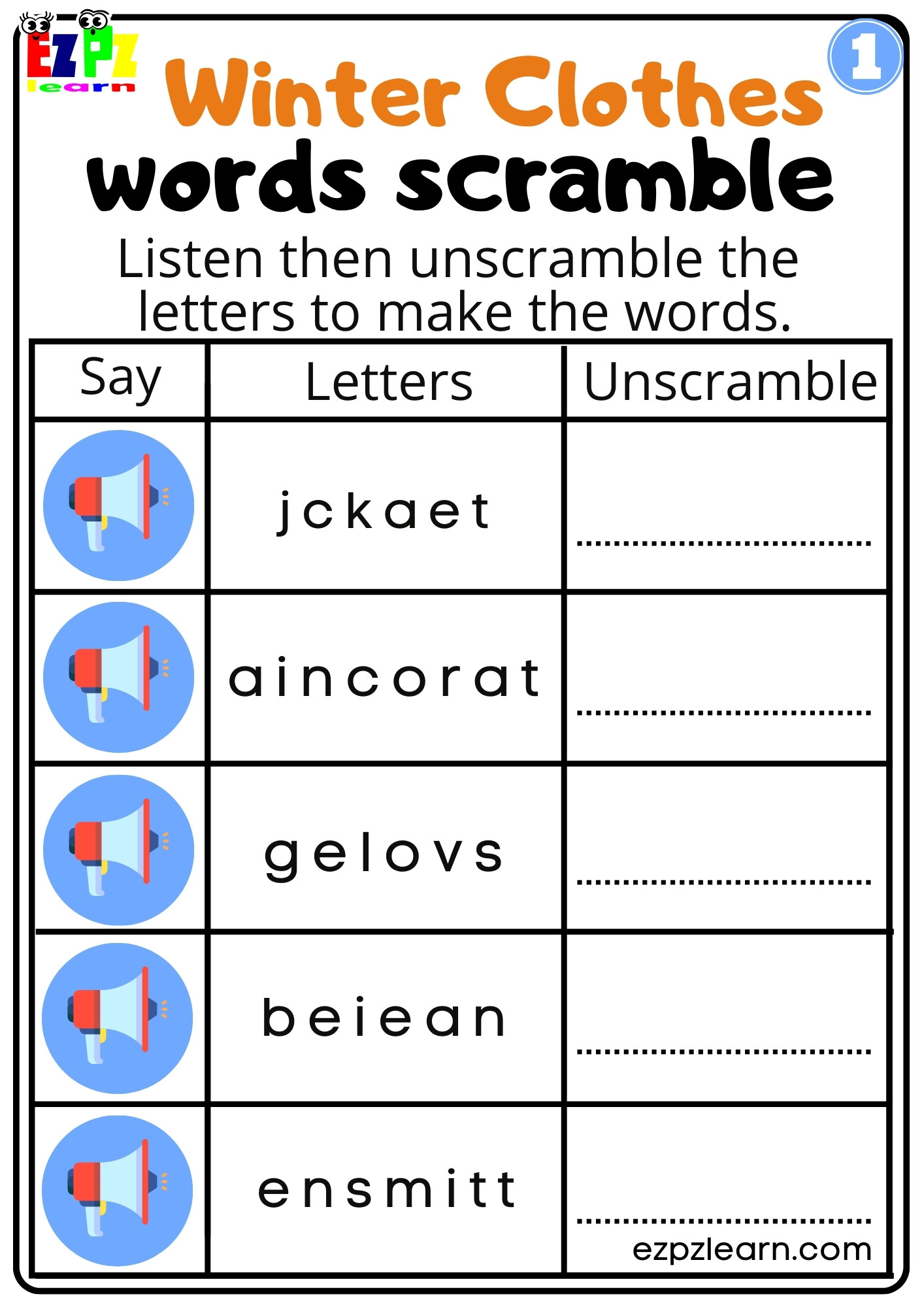 Interactive Winter Clothes Worksheet Listen, Unscramble and Write Activity  for Kids and ESL Students Group 1 