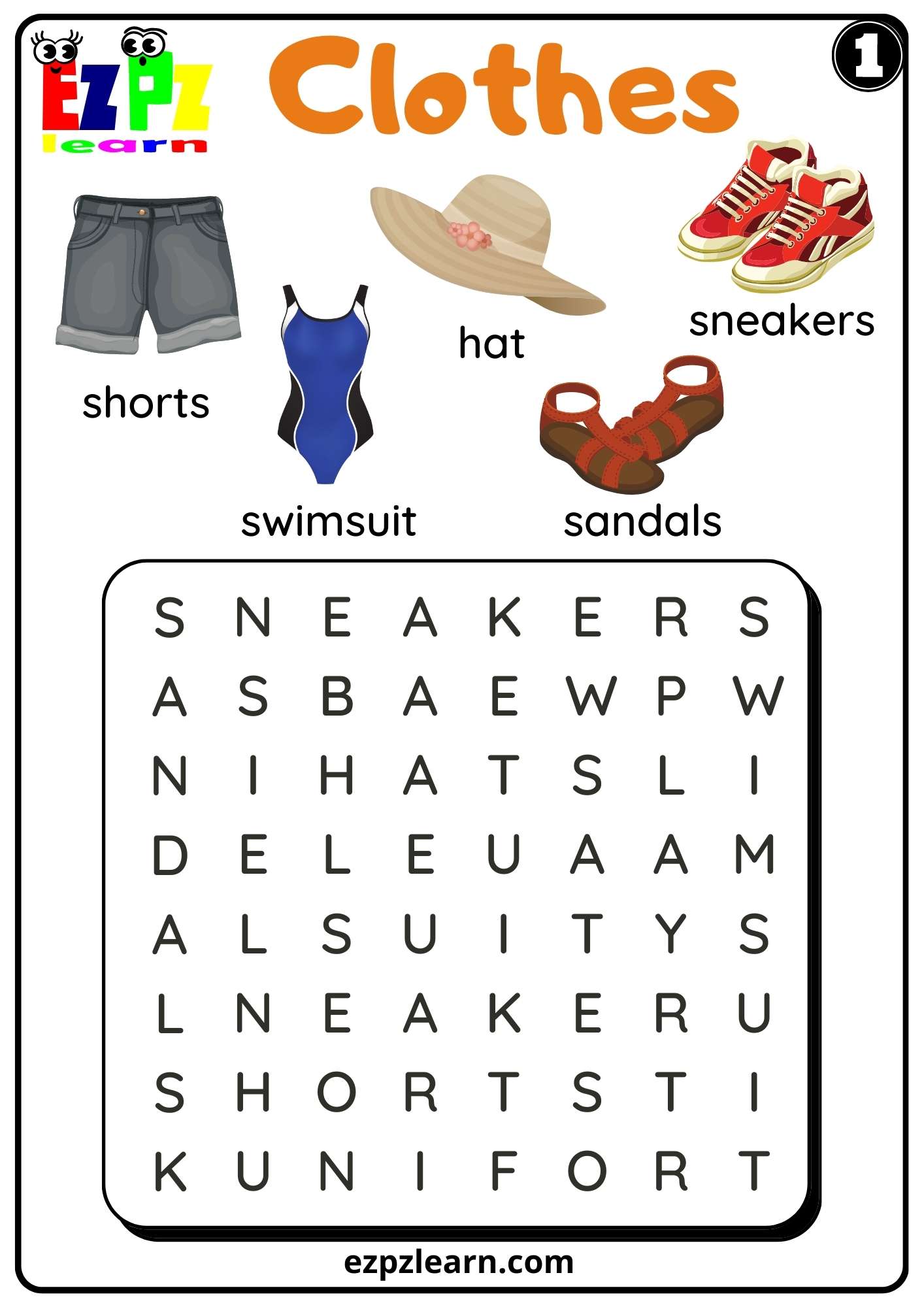 Clothes Word Search Kindergarten K5 and ESL set 1 - Ezpzlearn.com