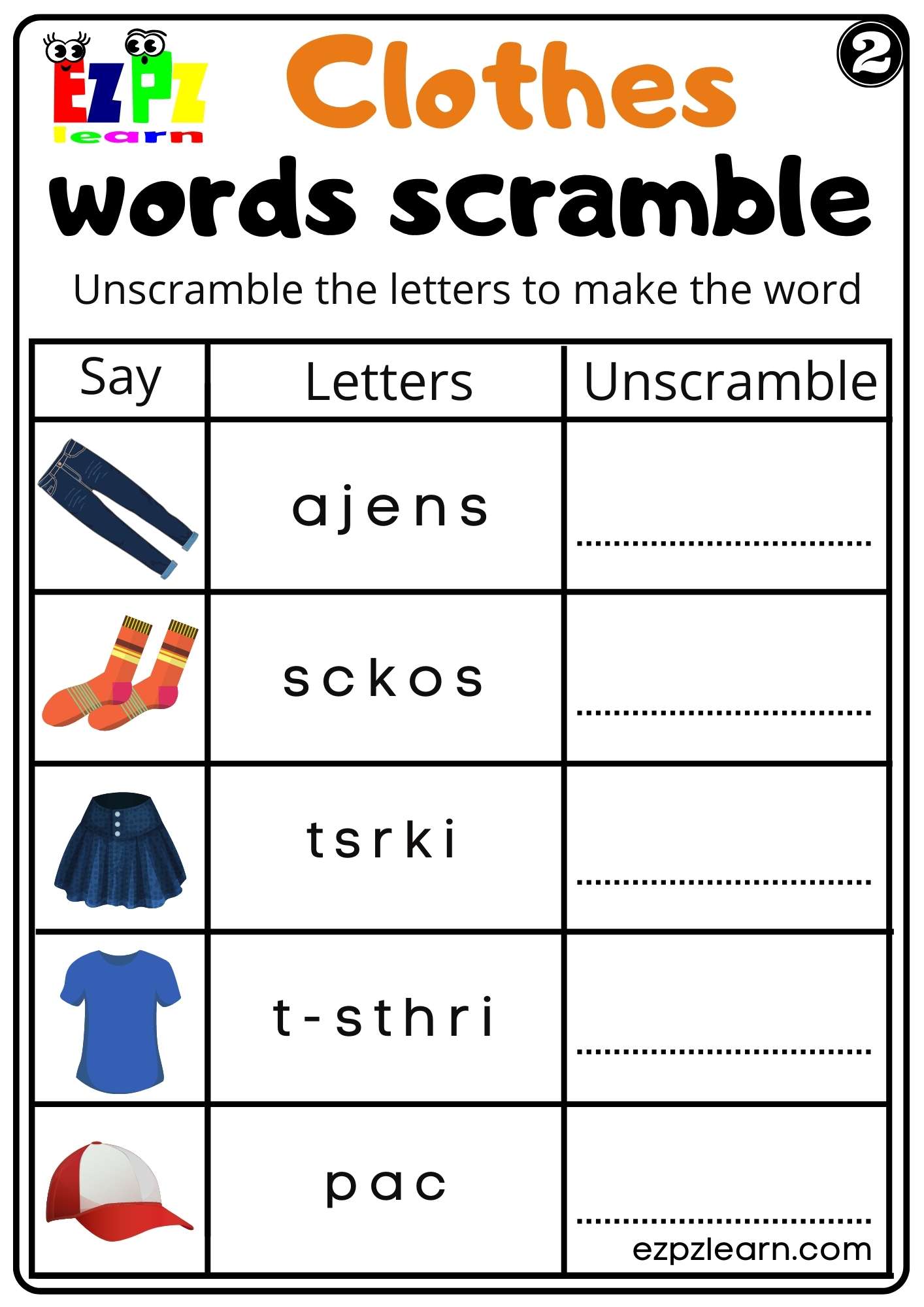 Clothes Read Word Scramble Worksheet for Kindergarten K5 and ESL set 2 ...