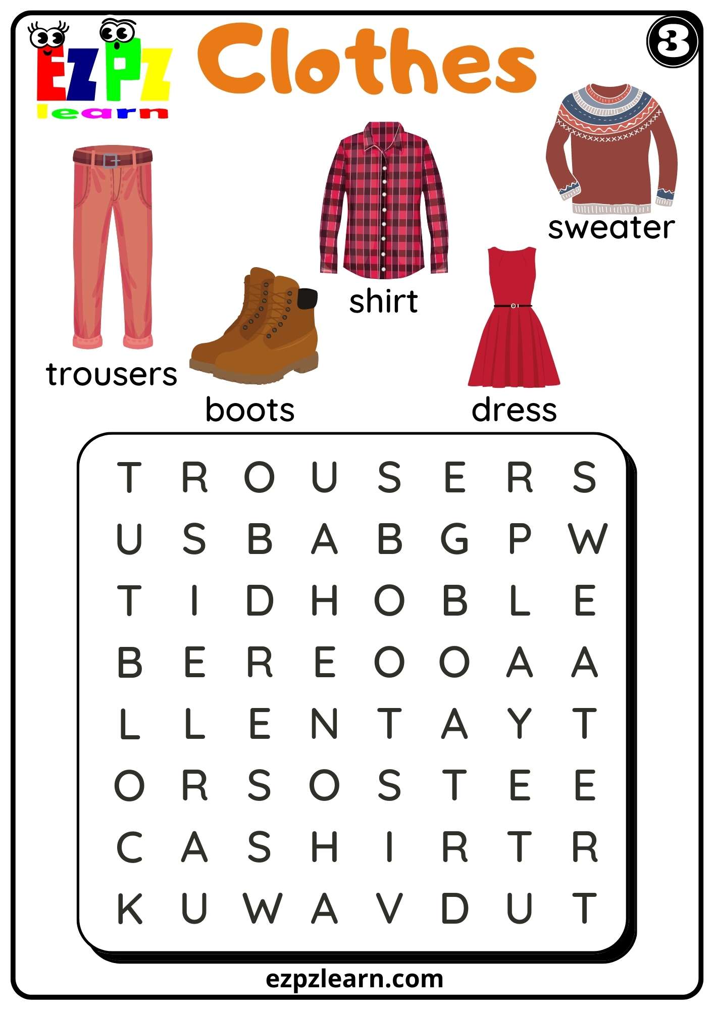 Clothes Word Search Worksheet for Kindergarten K5 and ESL set 3 ...