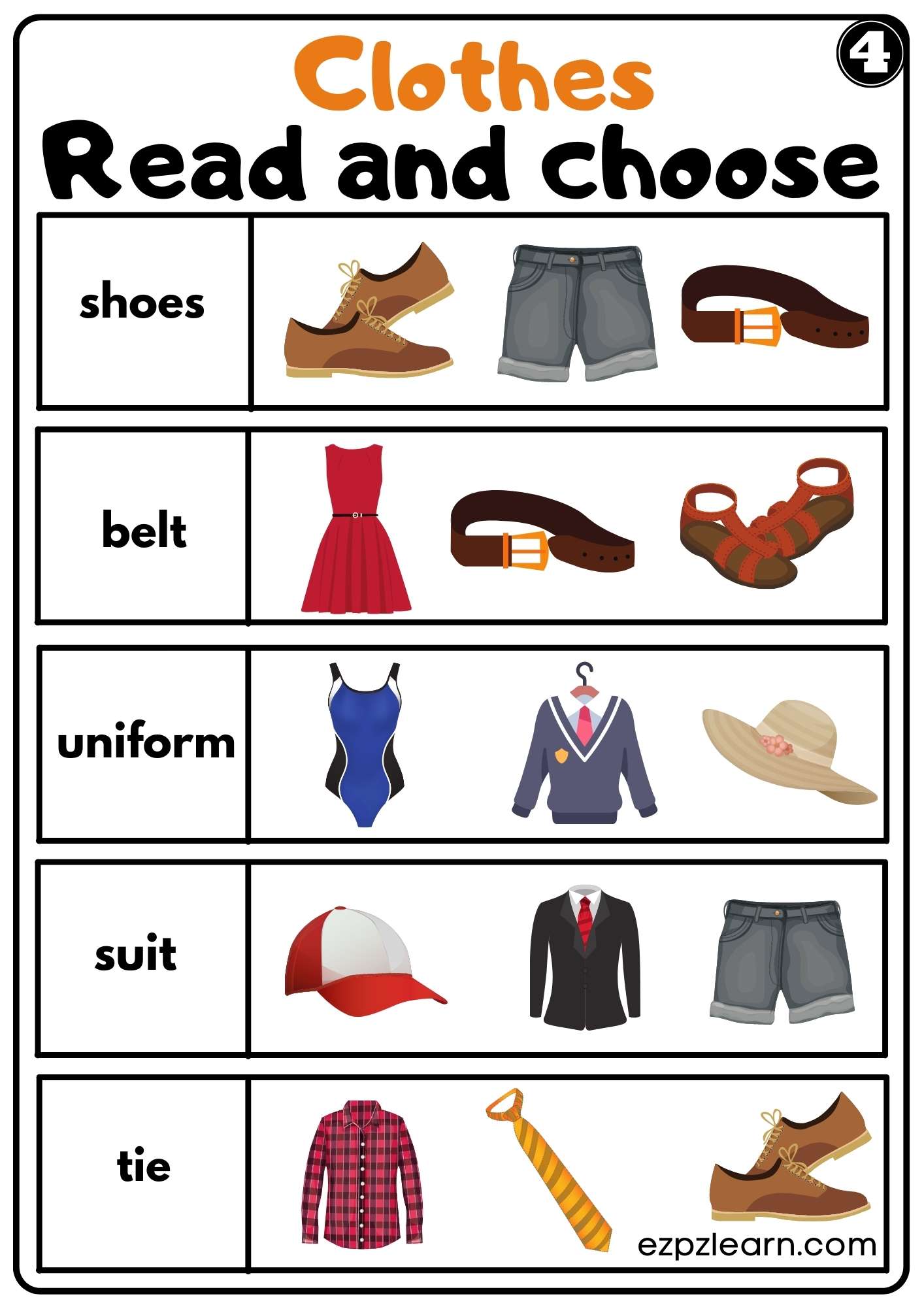 Clothes Read and Choose Worksheet for Kindergarten K5 and ESL set 4 -  Ezpzlearn.com