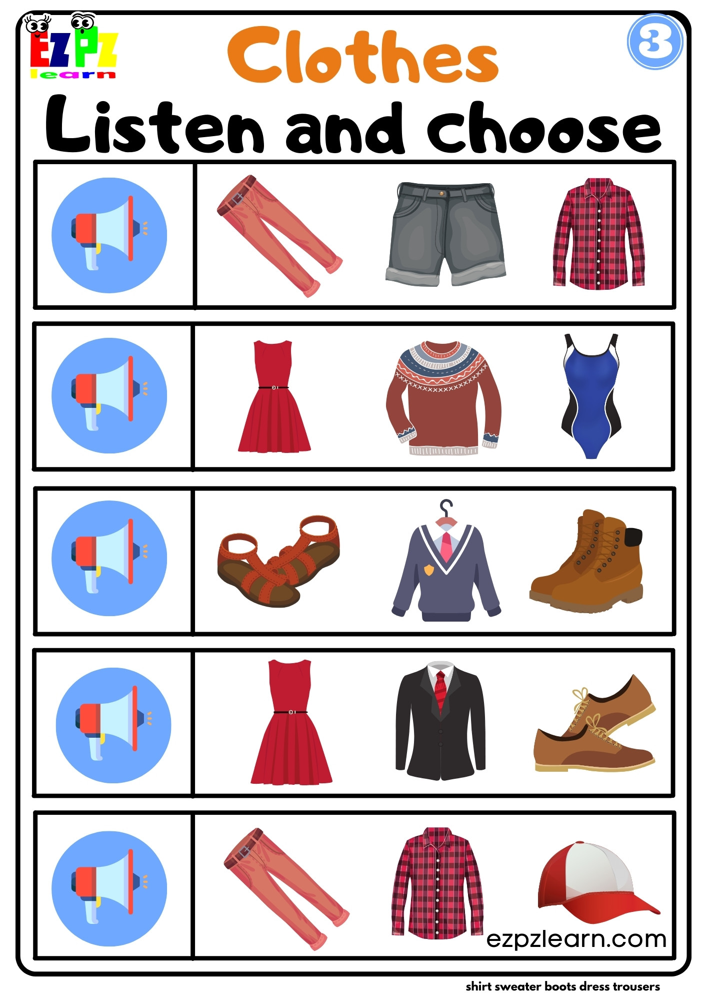 Interactive Clothes Worksheet Listen and Choose the Correct Images