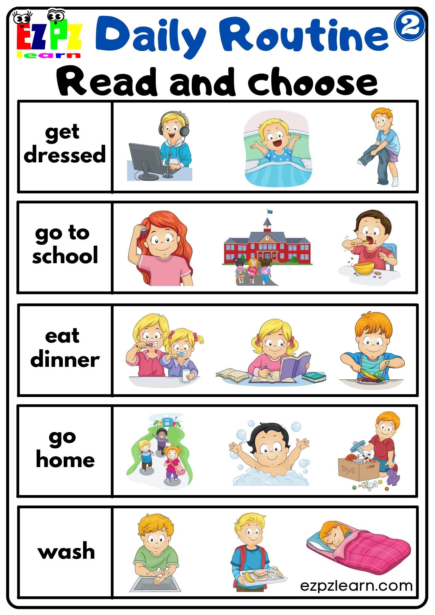 Daily Routines Group 2 Read and Choose Worksheet For Children and ESL  Students Free PDF Download - Ezpzlearn.com
