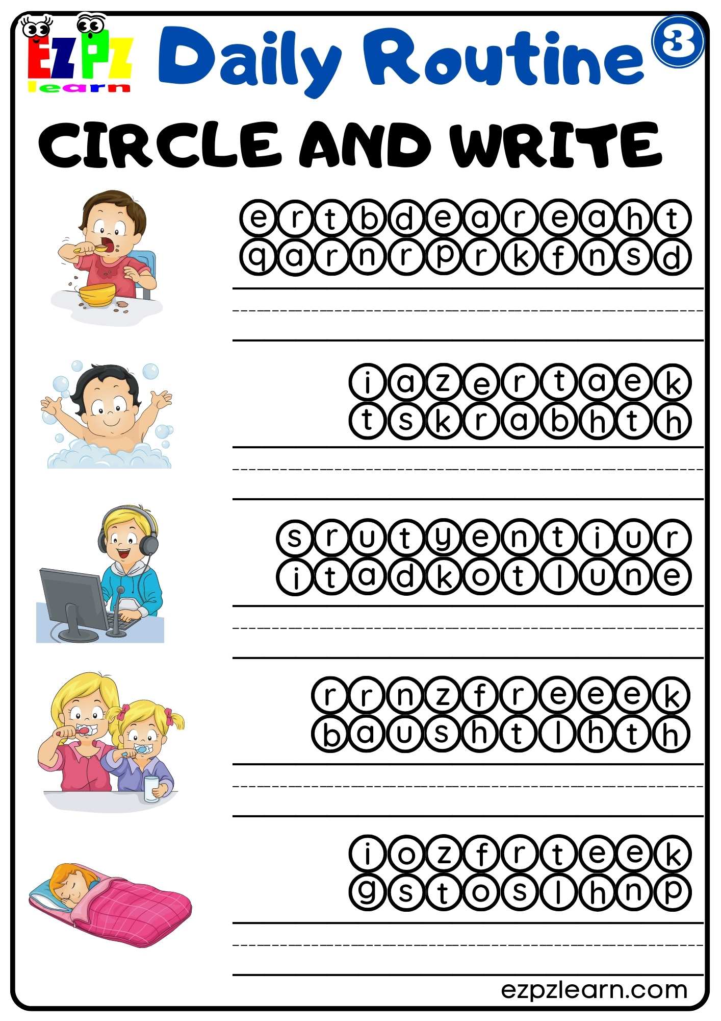 Daily Routines Group 3 Circle and Write Worksheet For ESL Students and ...