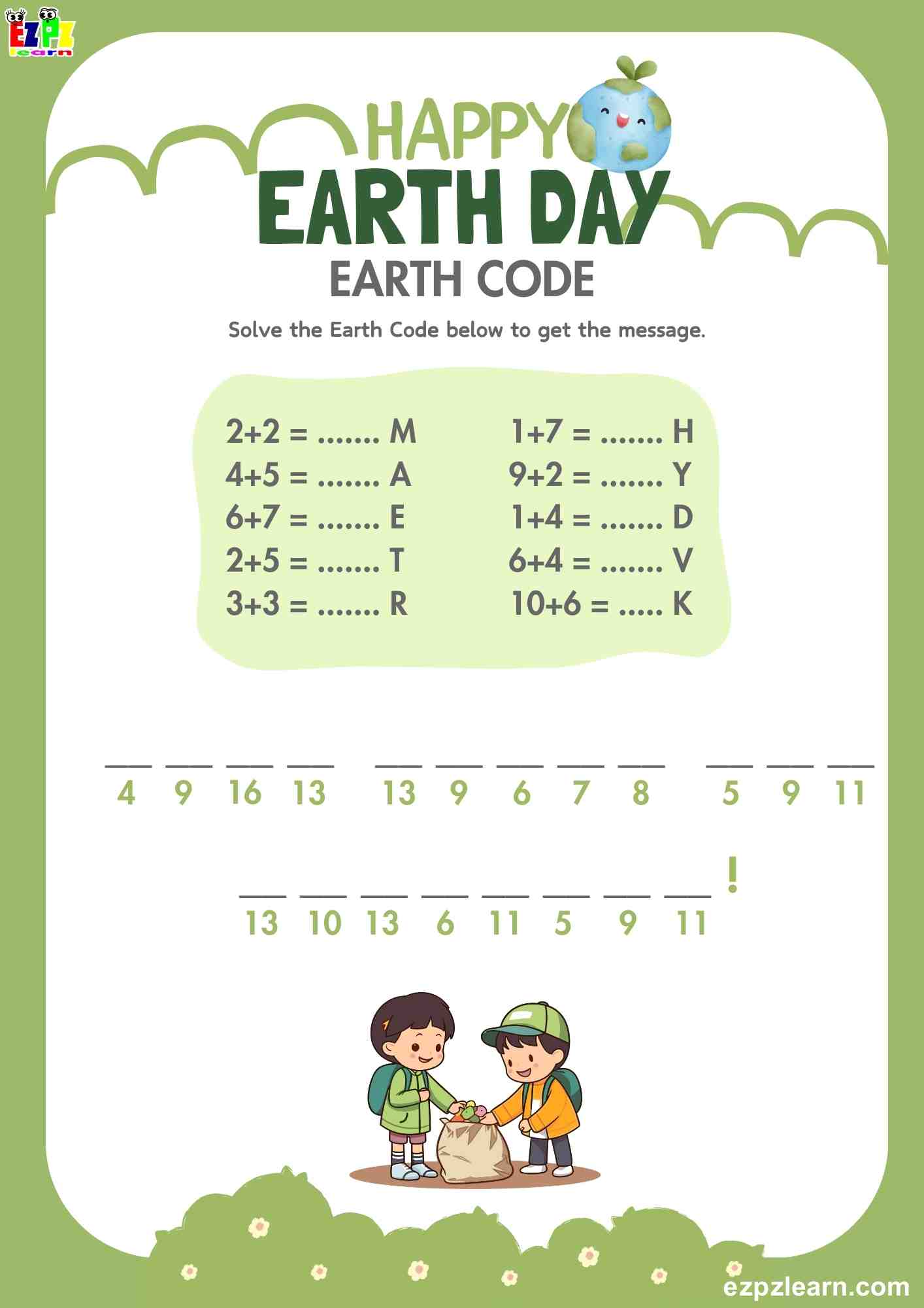 happy-earth-day-solve-the-code-free-printable-pdf-ezpzlearn-com for Free Printable Activities For Earth Day Happy Earth Day Solve the Code Free Printable PDF - Ezpzlearn.com for Free Printable Activities For Earth Day