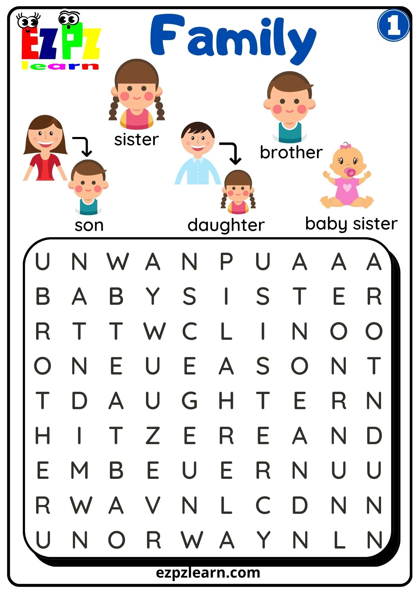 Family Vocabulary Word Search For K5 Students Parents and Teachers Free G1 - Ezpzlearn.com