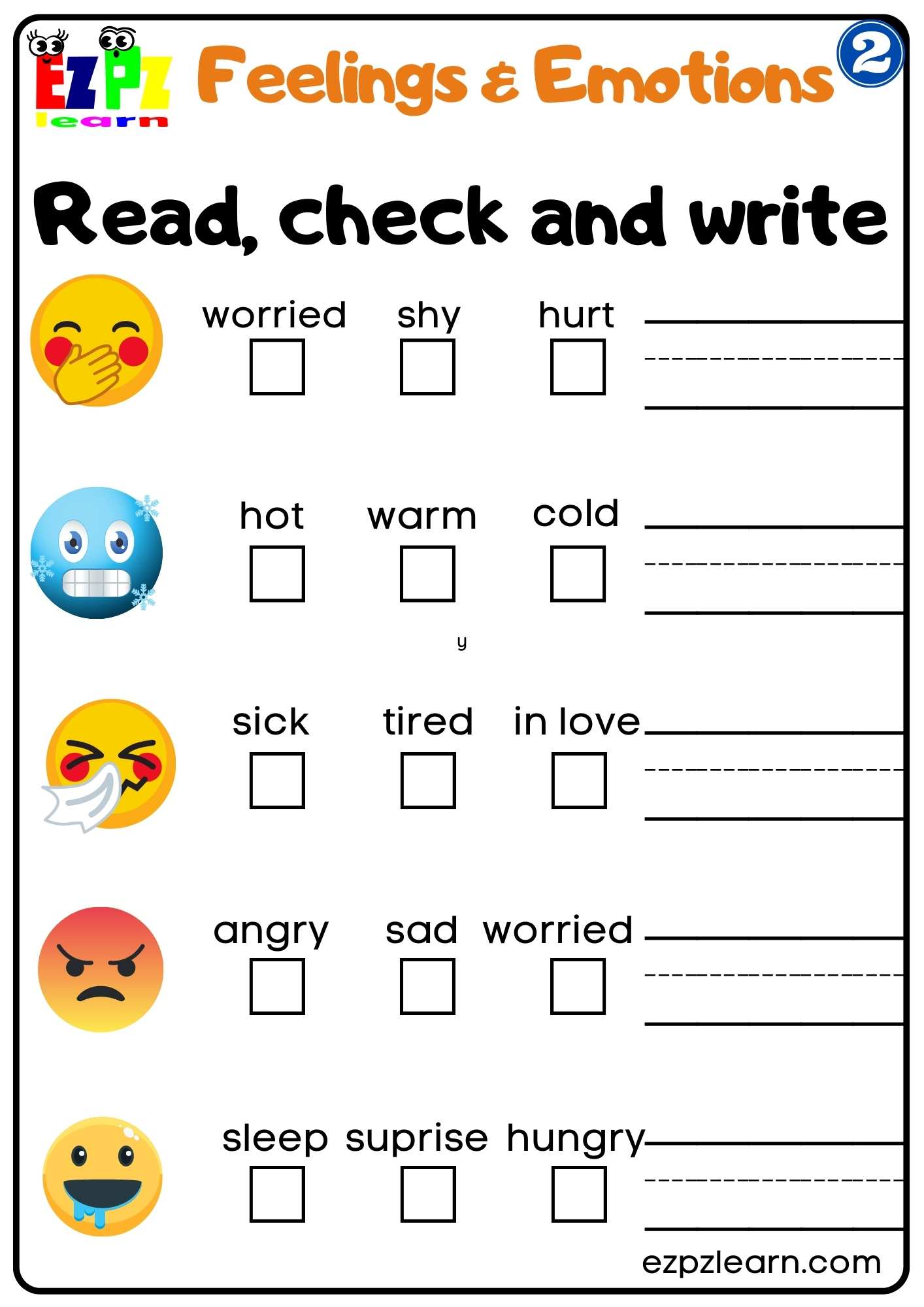 Group 2 Feelings and Emotions Read Check and Write Worksheet for