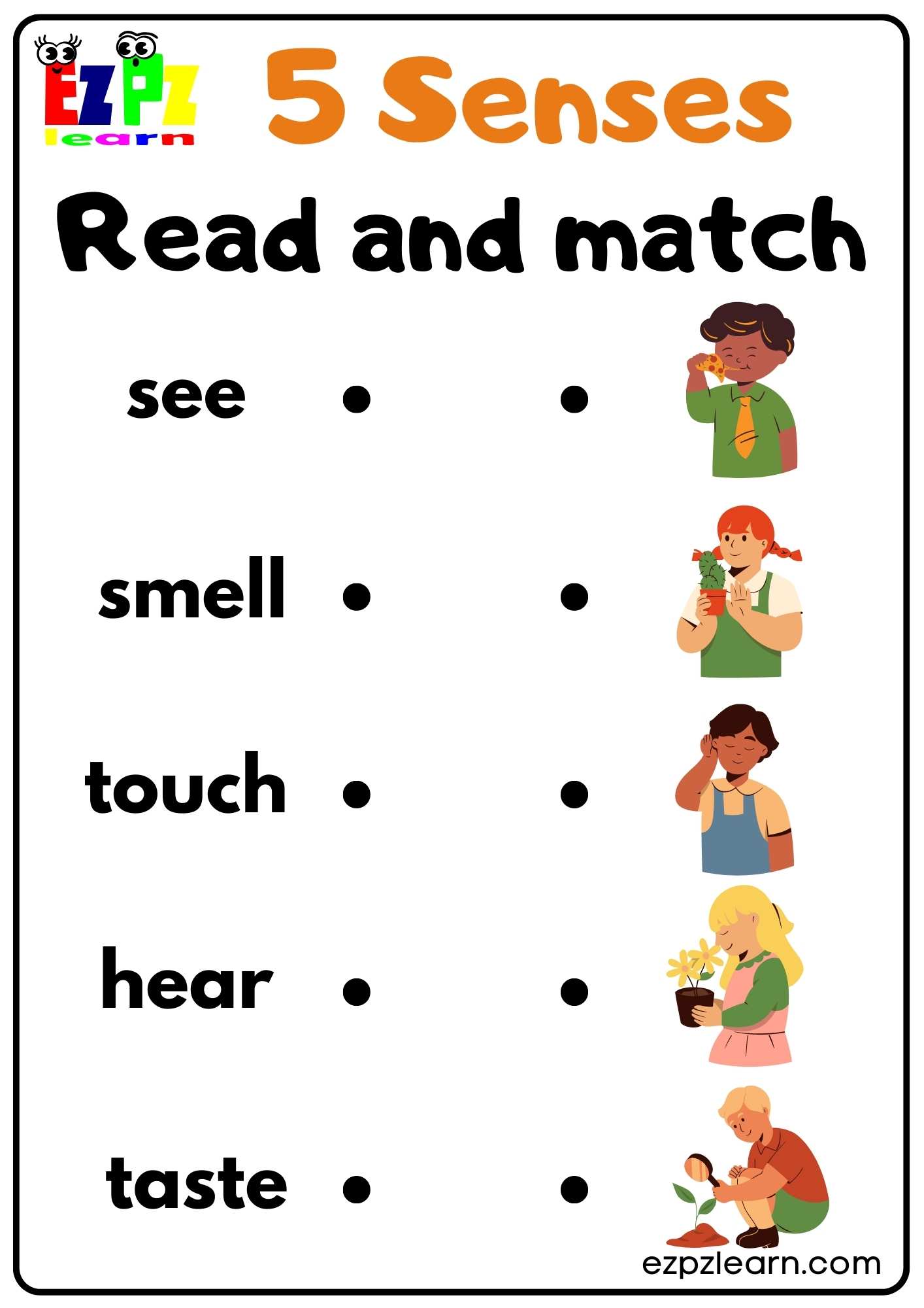 Five Senses Read and Match Worksheet for Kindergarten and ESL Students Free  Download - Ezpzlearn.com