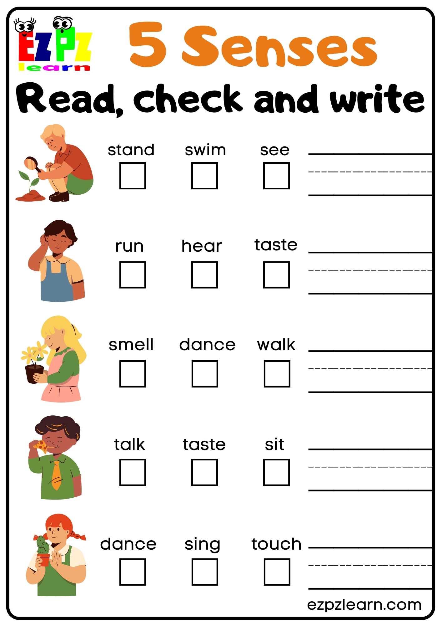 Five Senses Read Check and Write Worksheet for Kindergarten and ESL  Students Free Download - Ezpzlearn.com