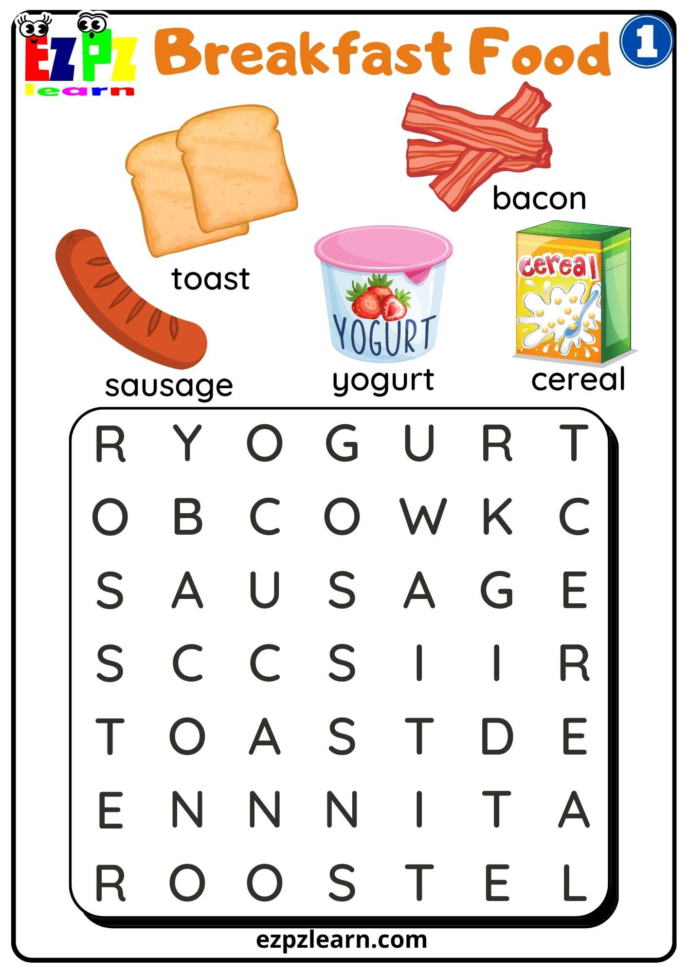 Breakfast Foods : Word Search Challenge Worksheet Exercise By