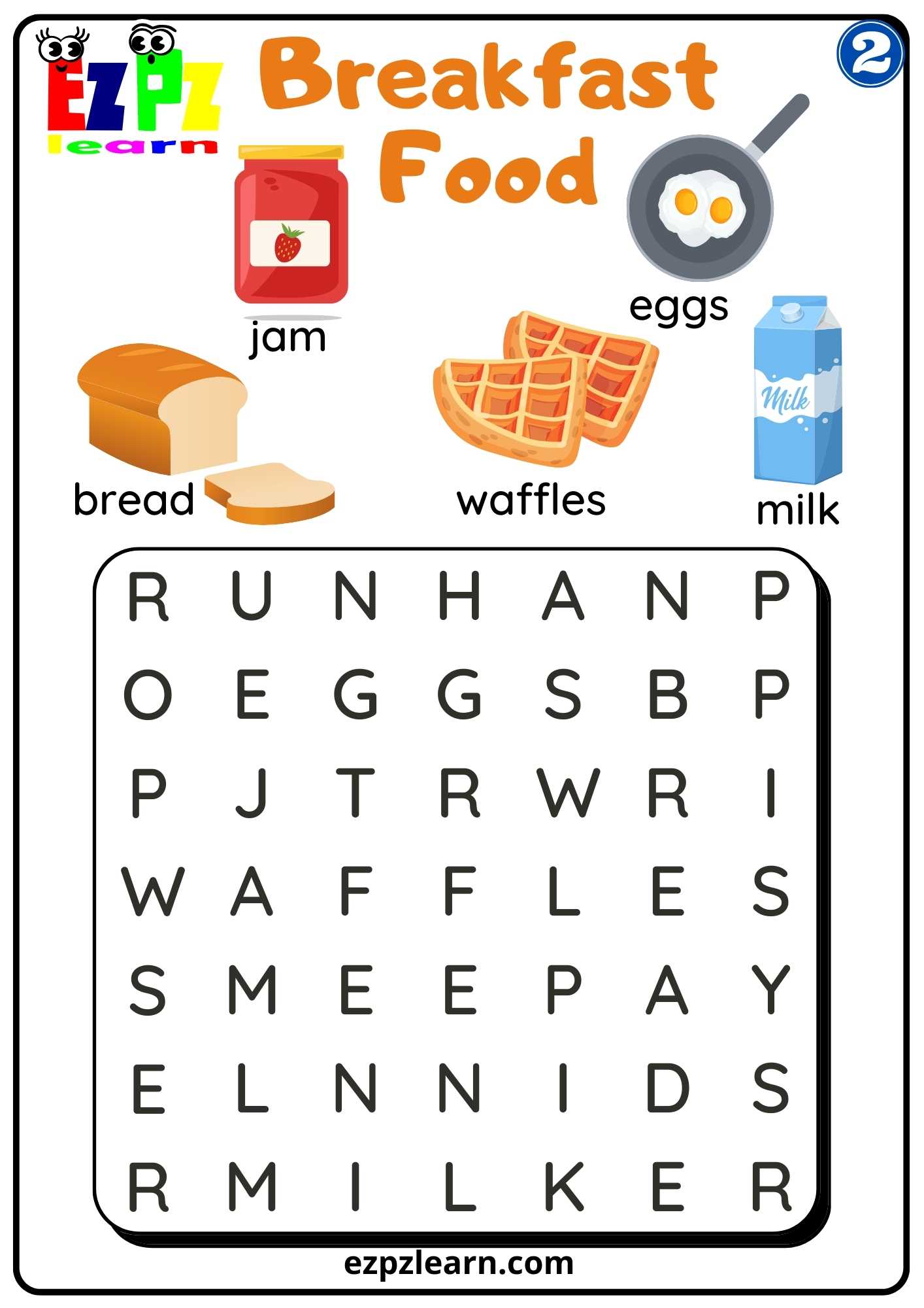 Group 2 Breakfast Food Words Word Search Worksheet for K5 and ESL ...