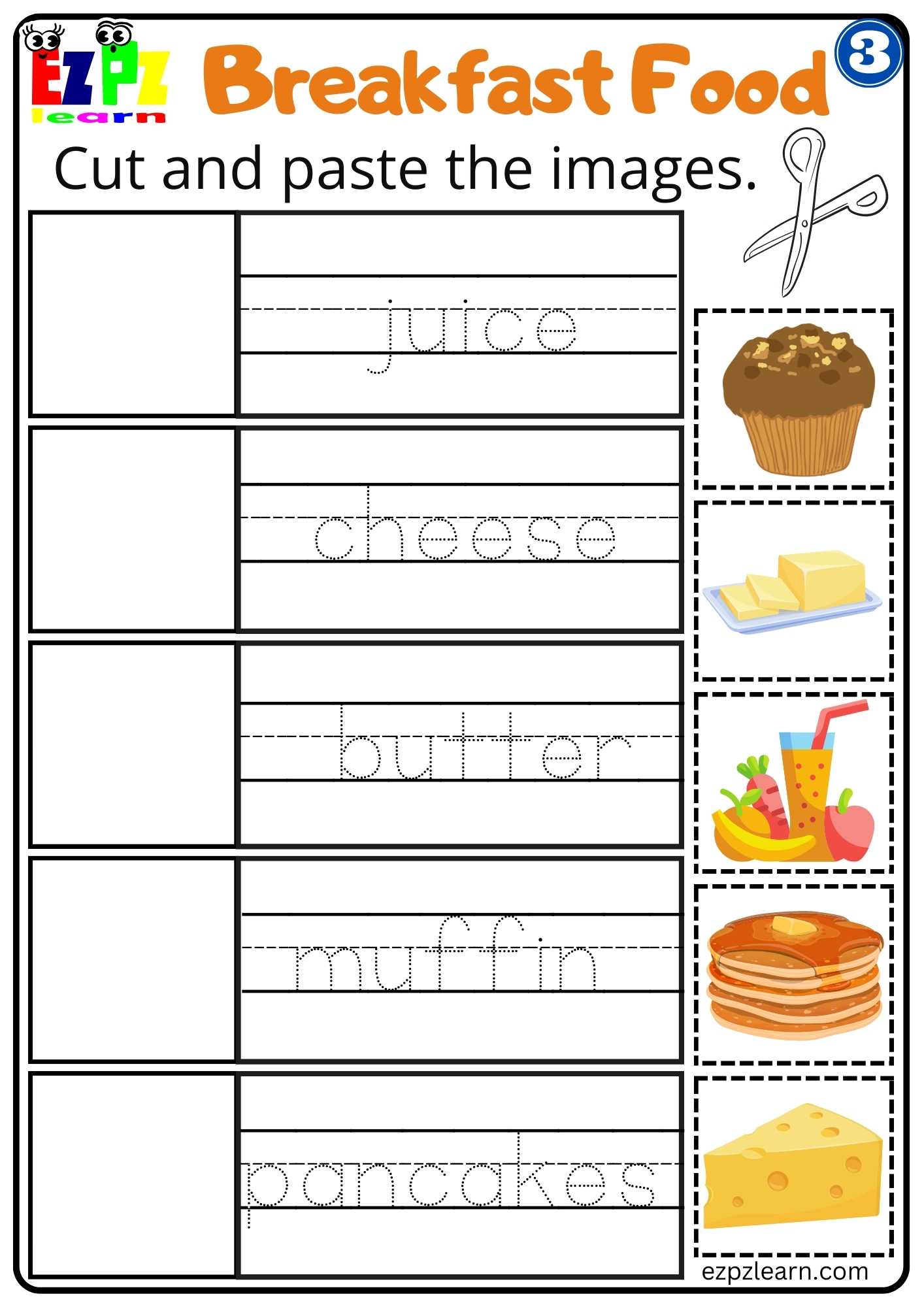 Group 3 Breakfast Food Vocabulary Cut and Paste Worksheet for ESL and ...