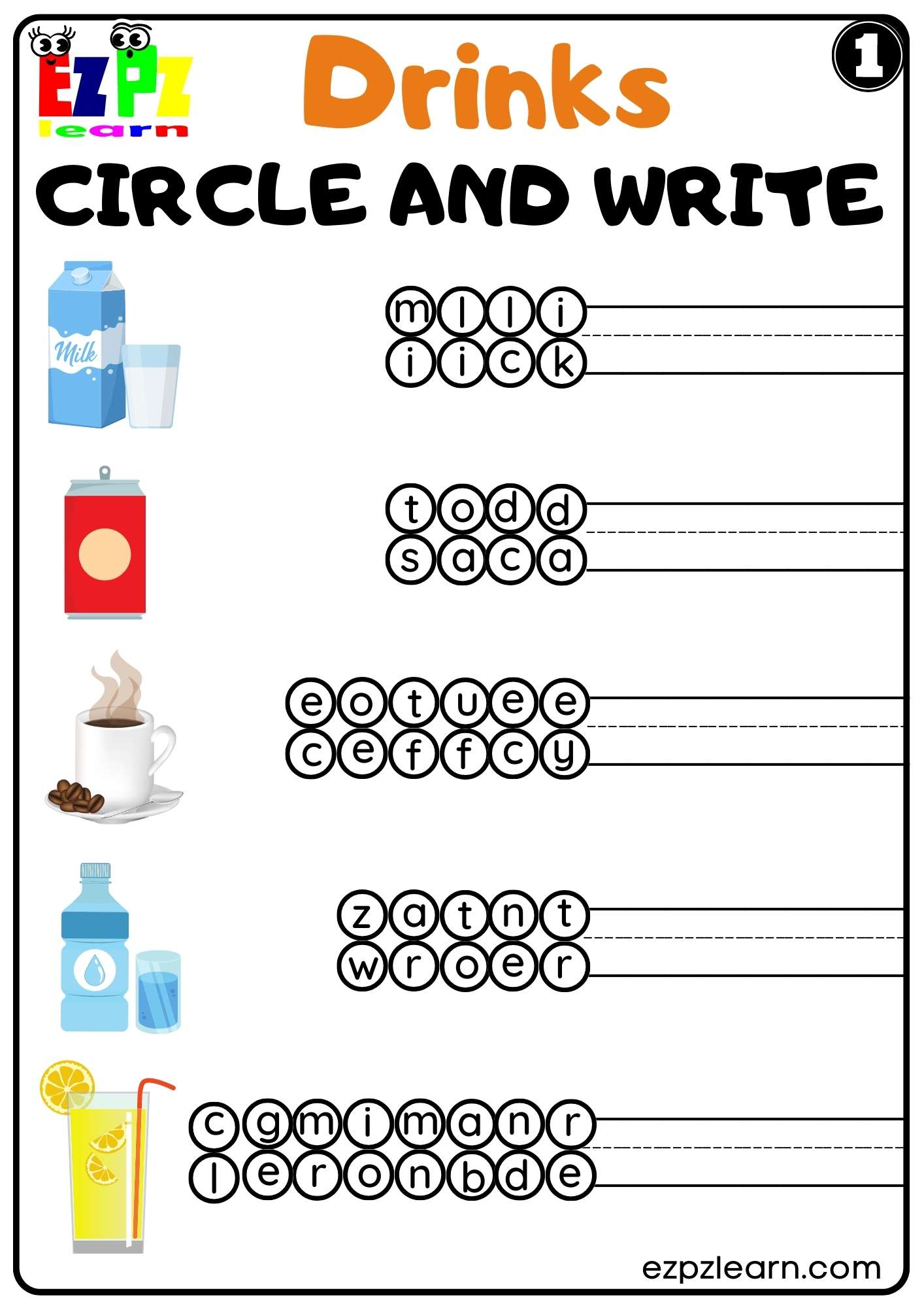 Drinks Circle and Write Worksheet K5 Kids and ESL Set 1 Free PDF ...