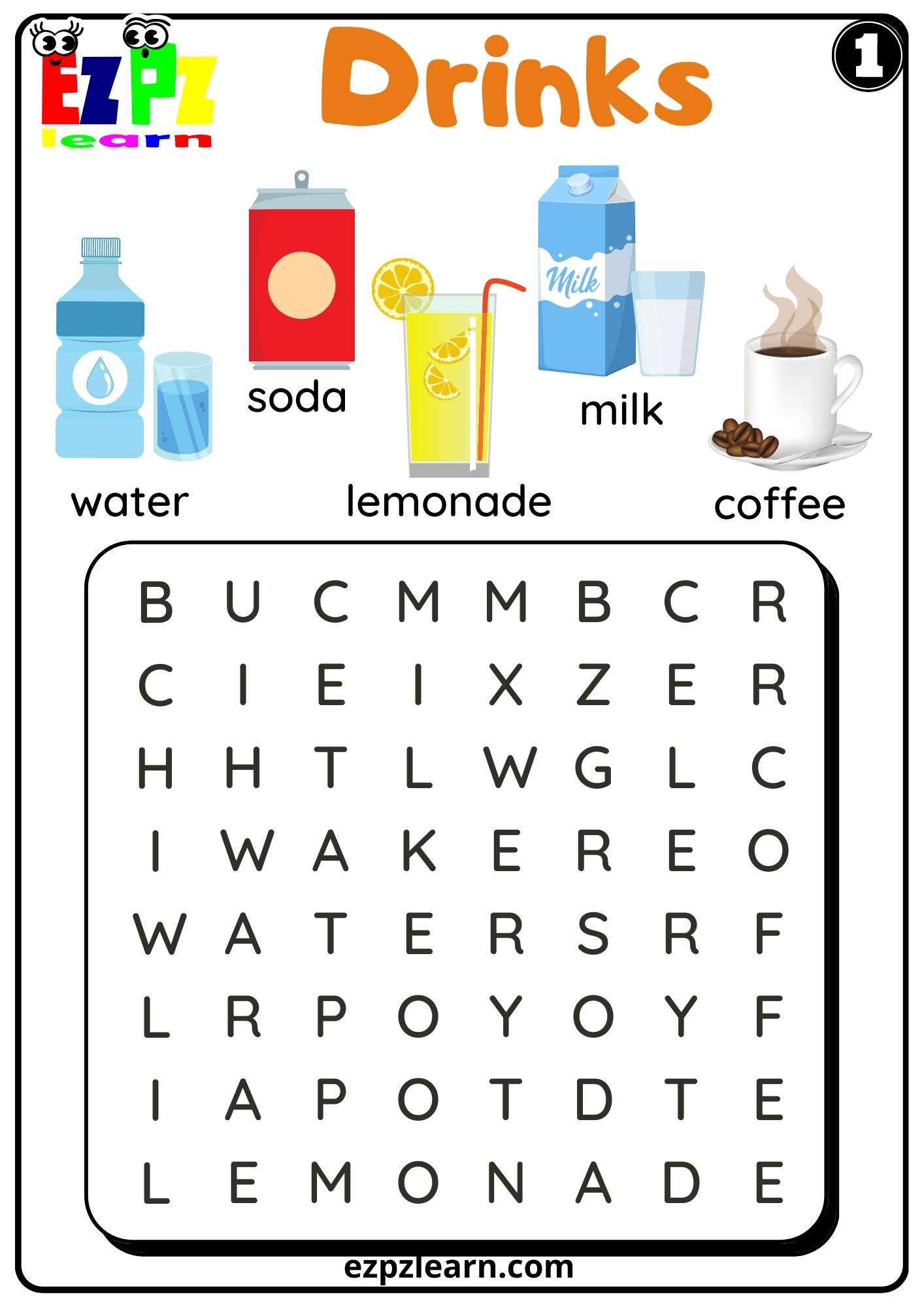 Food and Drinks ESL Word Search Puzzle Worksheets
