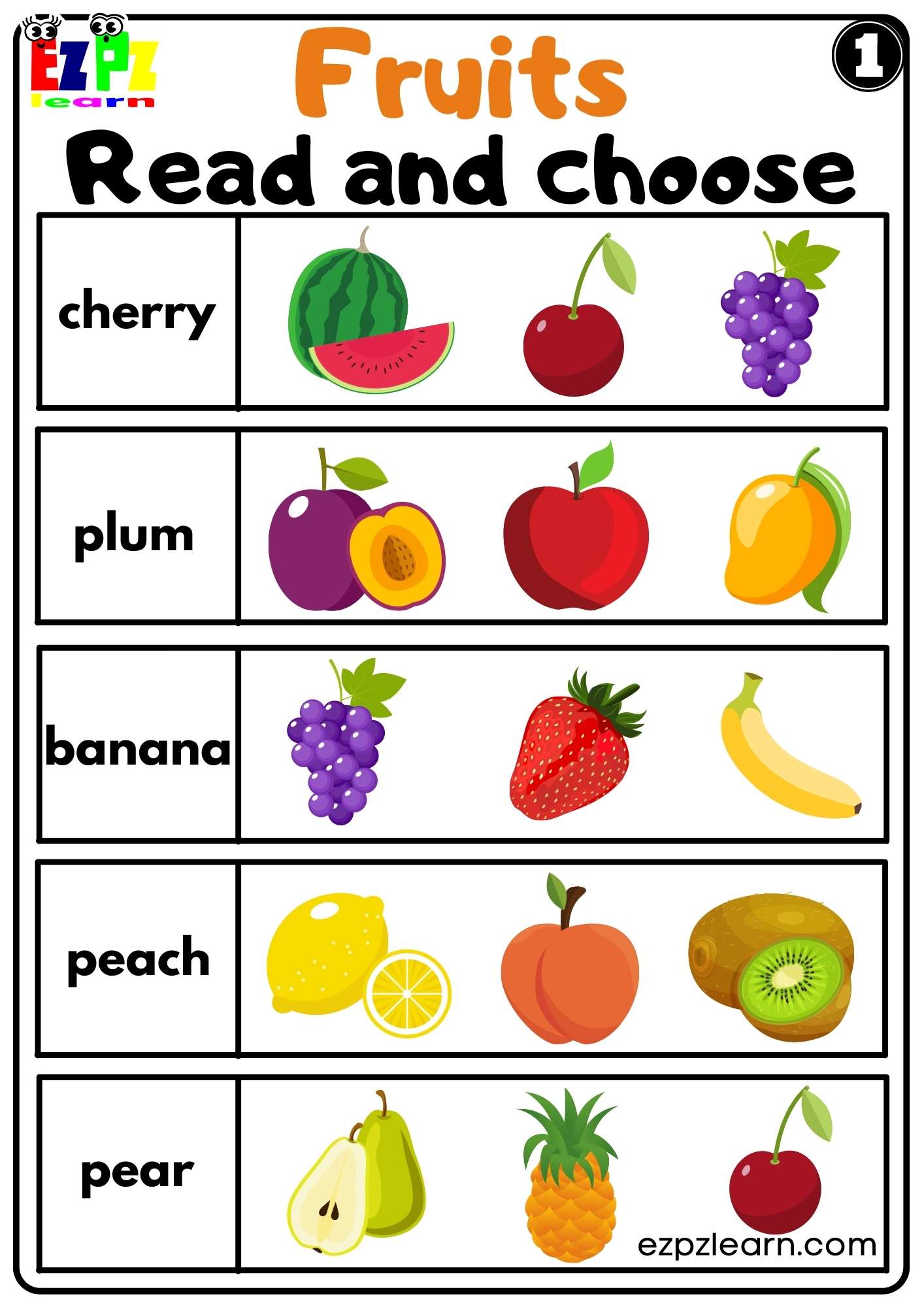 Fruits Read and Choose Worksheet for ESL and K5 Kindergarten Free PDF ...