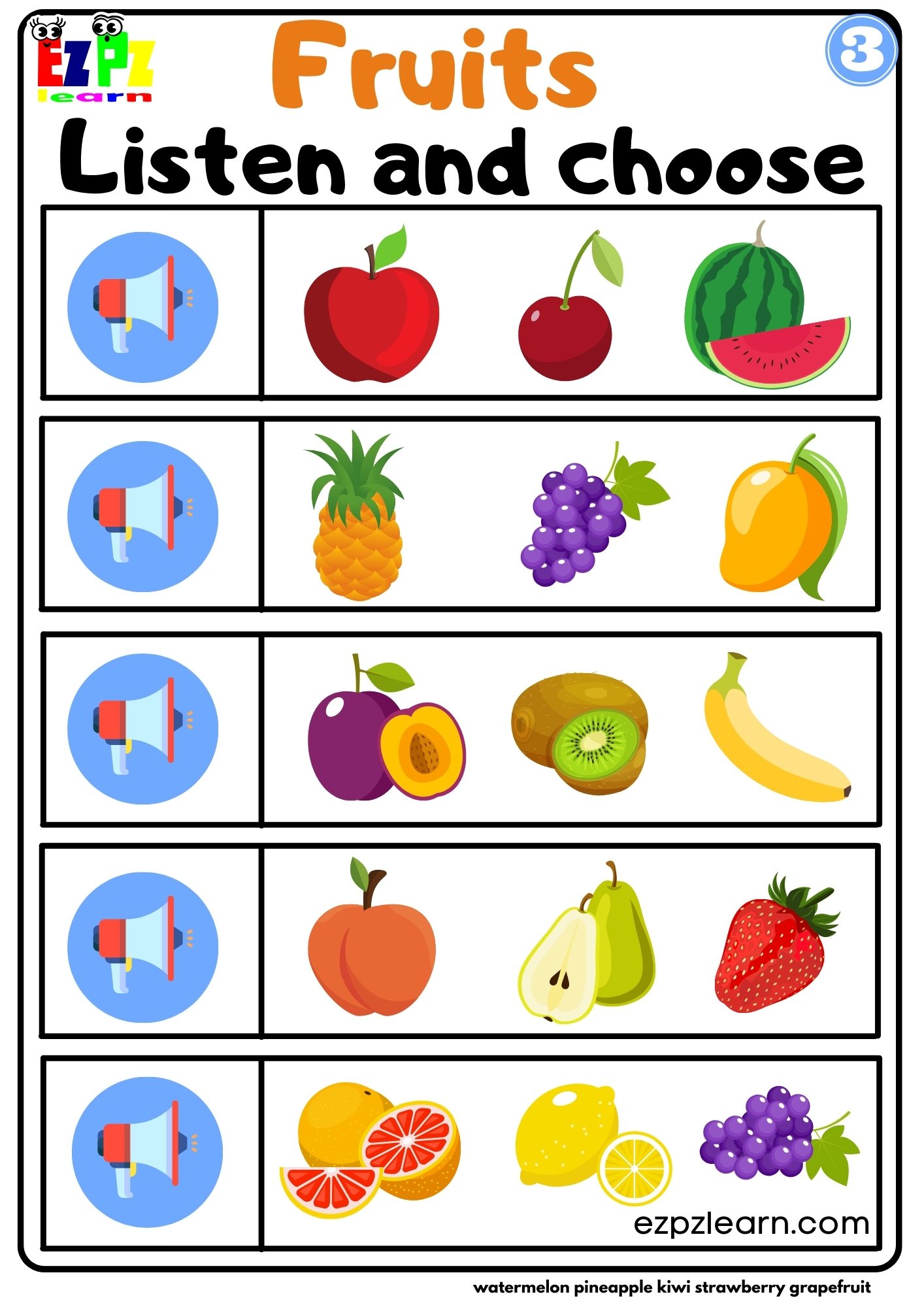 Interactive Fruits Worksheet Listen and Choose the Correct Images Activity  for ESL Students and Kids G3 - Ezpzlearn.com