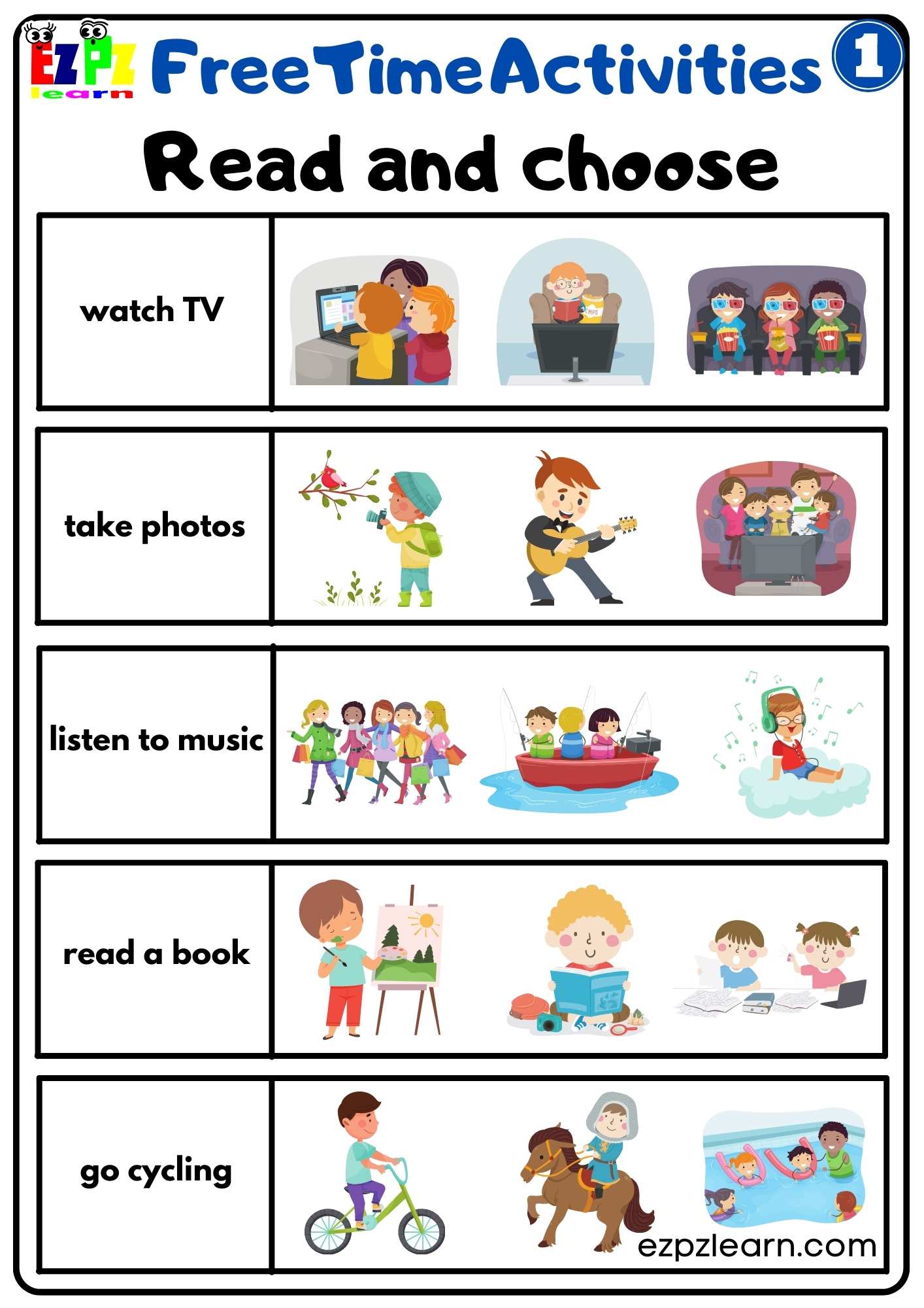 Free Time Activities Easy Read and Choose Worksheet Activity for Children and ESL Students Free PDF Download Group 1 - Ezpzlearn.com