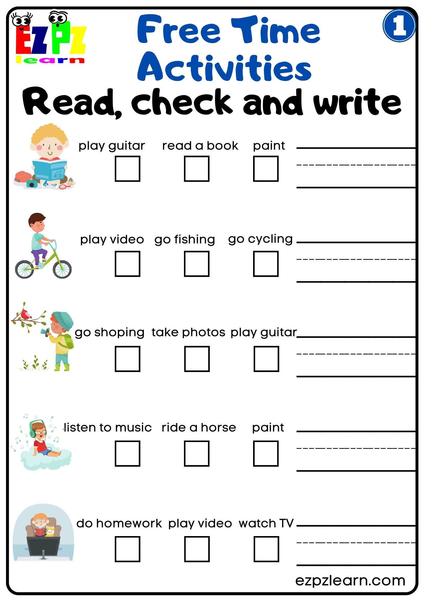 Free time activities - multiple choice worksheet