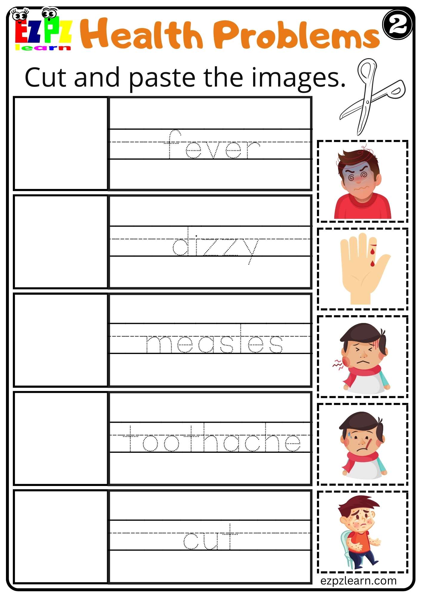 Health Problems Cut and Paste Worksheet for K5 Kids and ESL Students ...