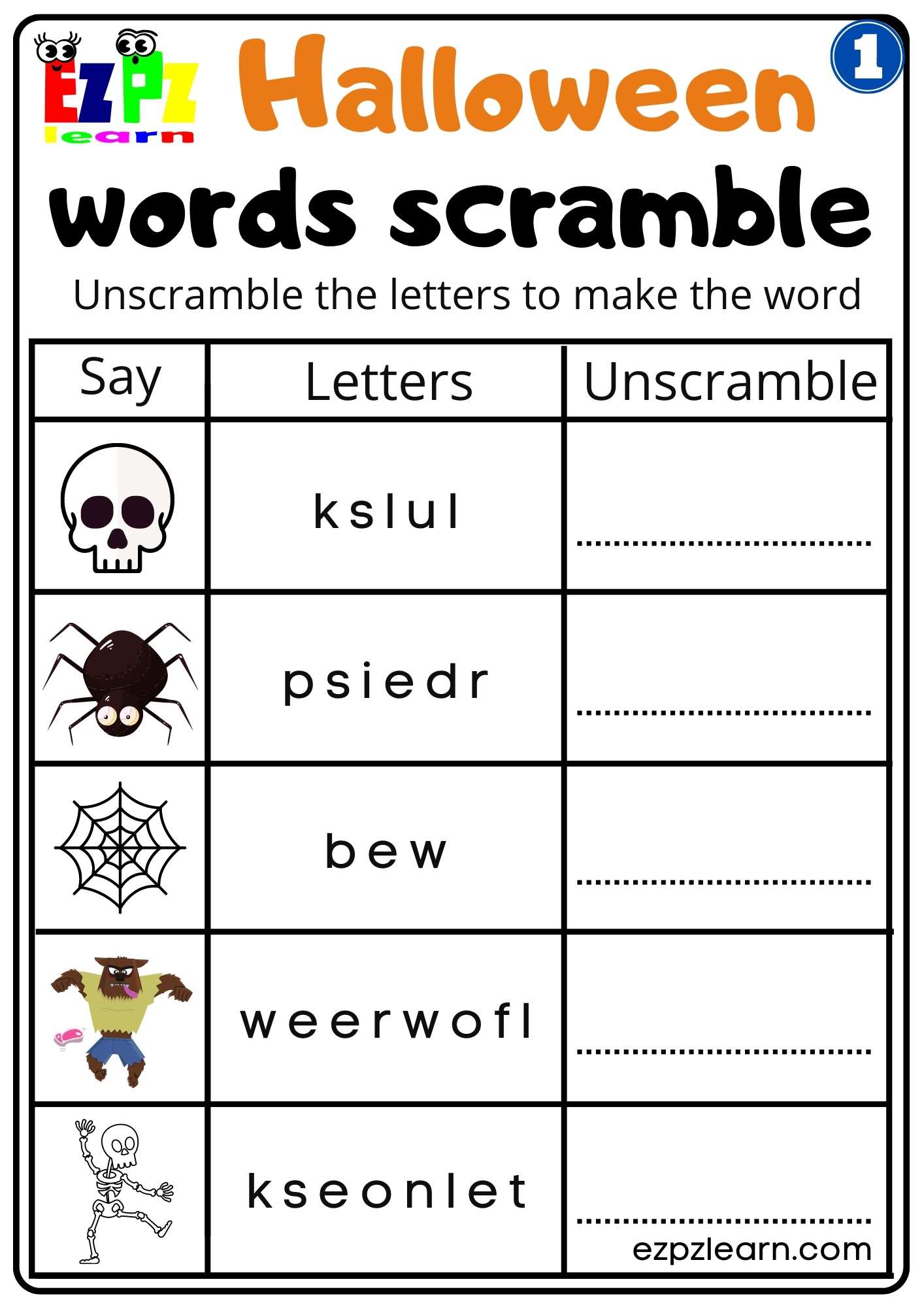 Group 1 Halloween Read Word Scramble Worksheet for Kids Free PDF ...