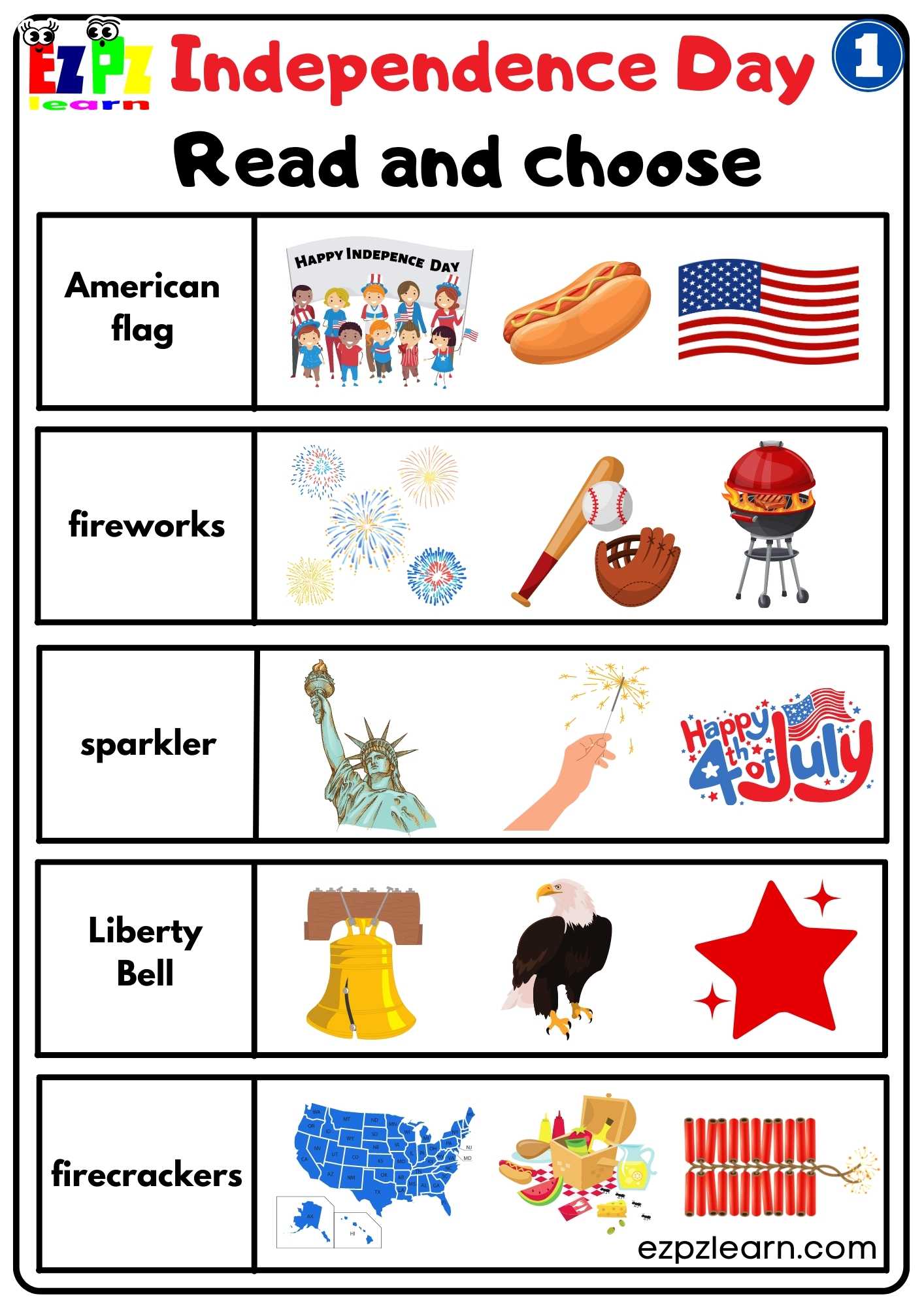 Read and Choose Worksheet for Independence Day Group 1 - Ezpzlearn.com read-and-choose-worksheet-for-independence-day-group-1-ezpzlearn-com