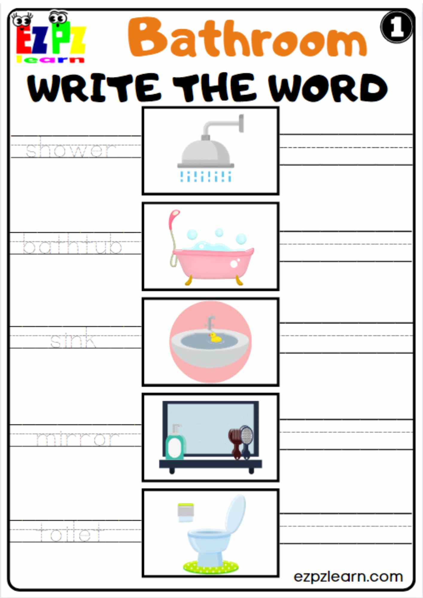 Bathroom Write the Word Worksheet for Kids K5 and ESL Free PDF Download ...