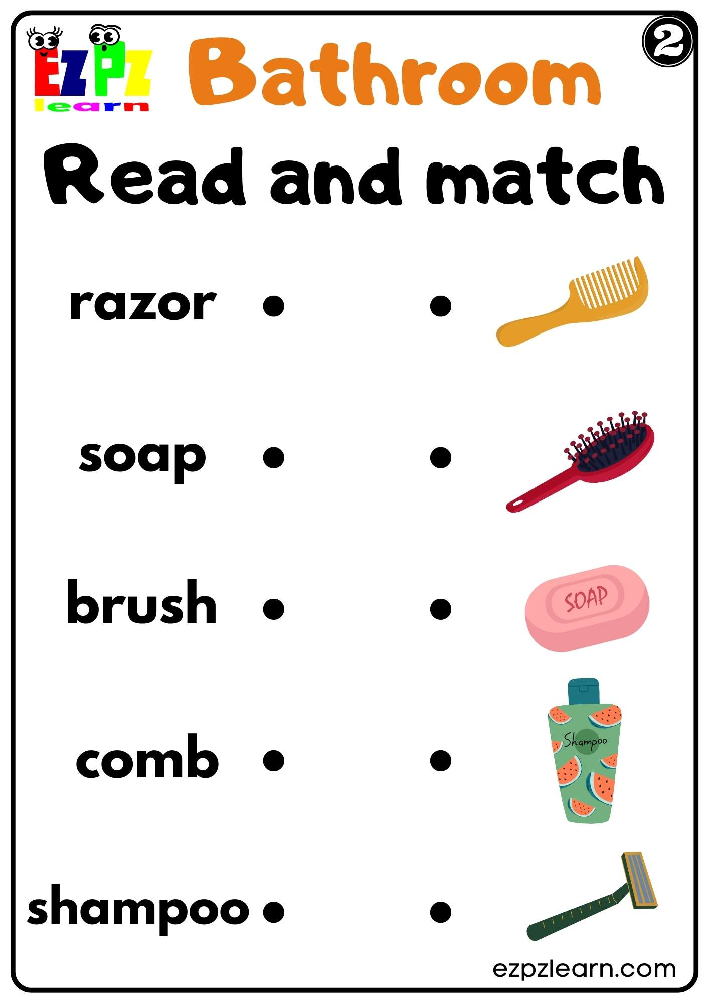 Bathroom Read and Match Worksheet for ESL and K5 Kids PDF Download Set ...