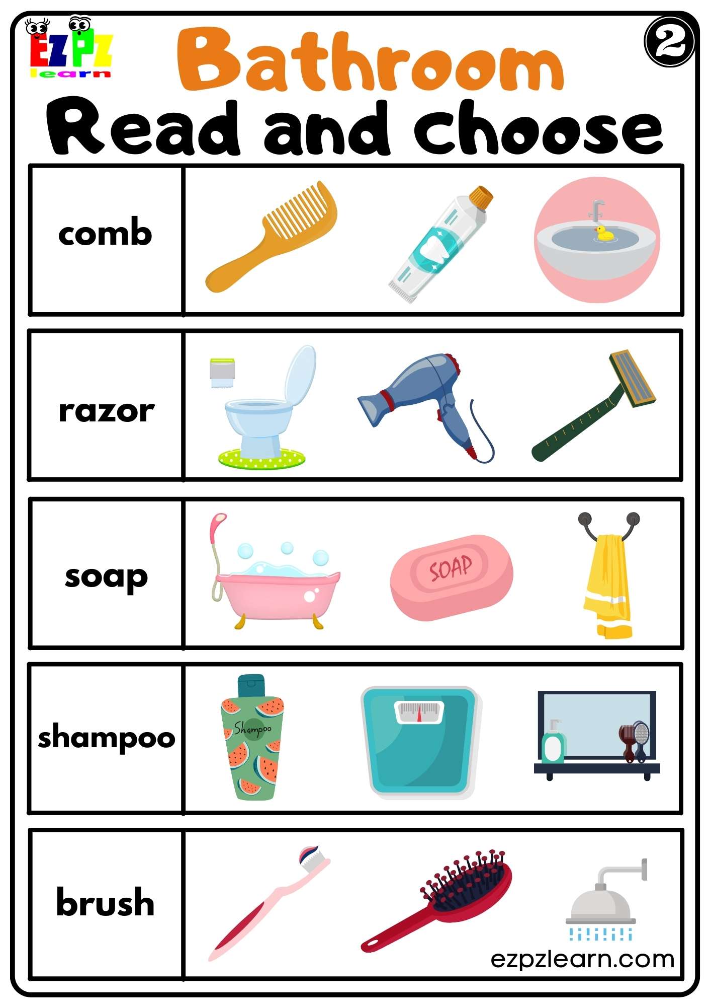 Bathroom Read and Choose Worksheet for ESL and K5 Kids PDF Download Set ...