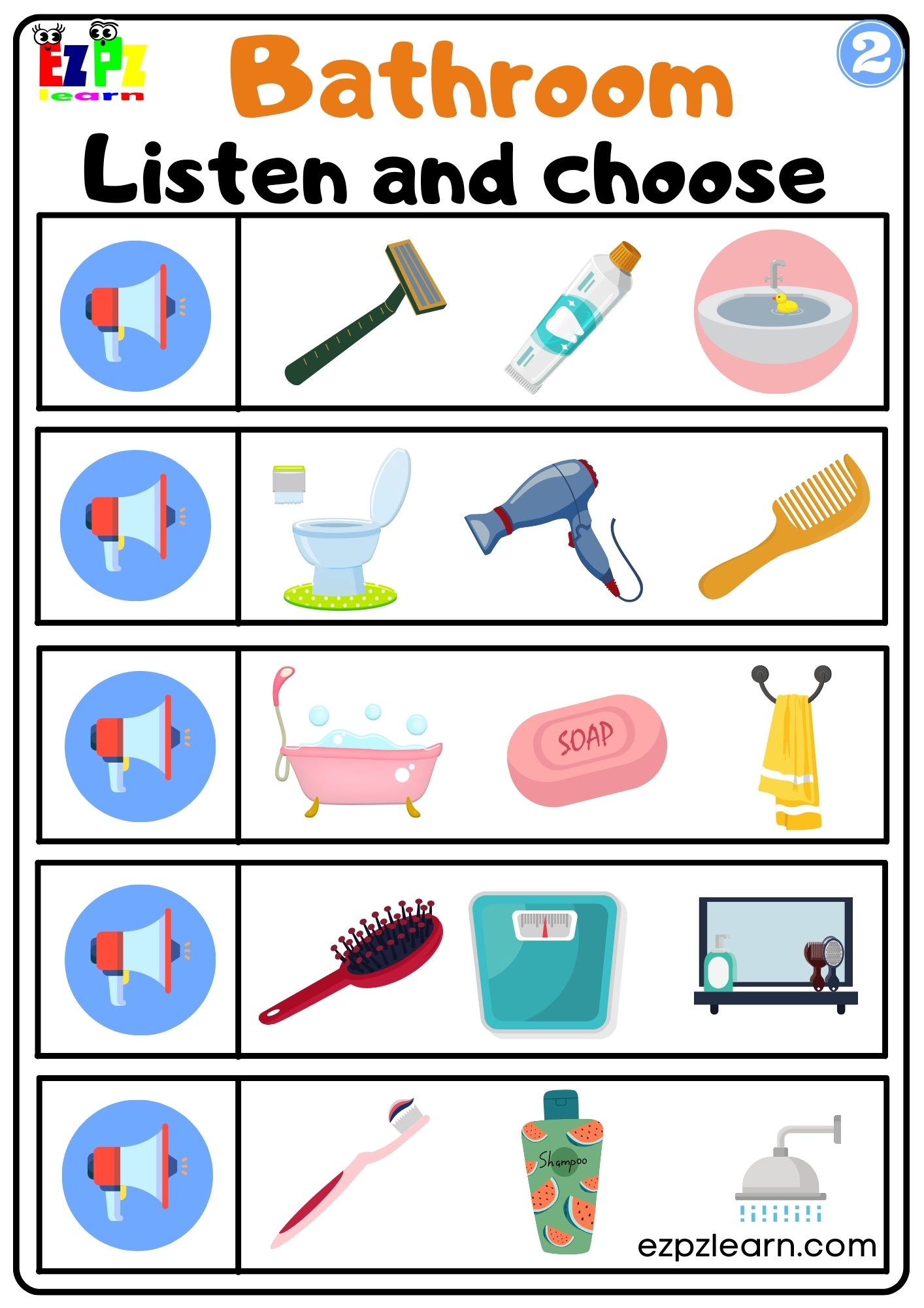 Bathroom Items Vocabulary with images and Flashcards, Download PDF