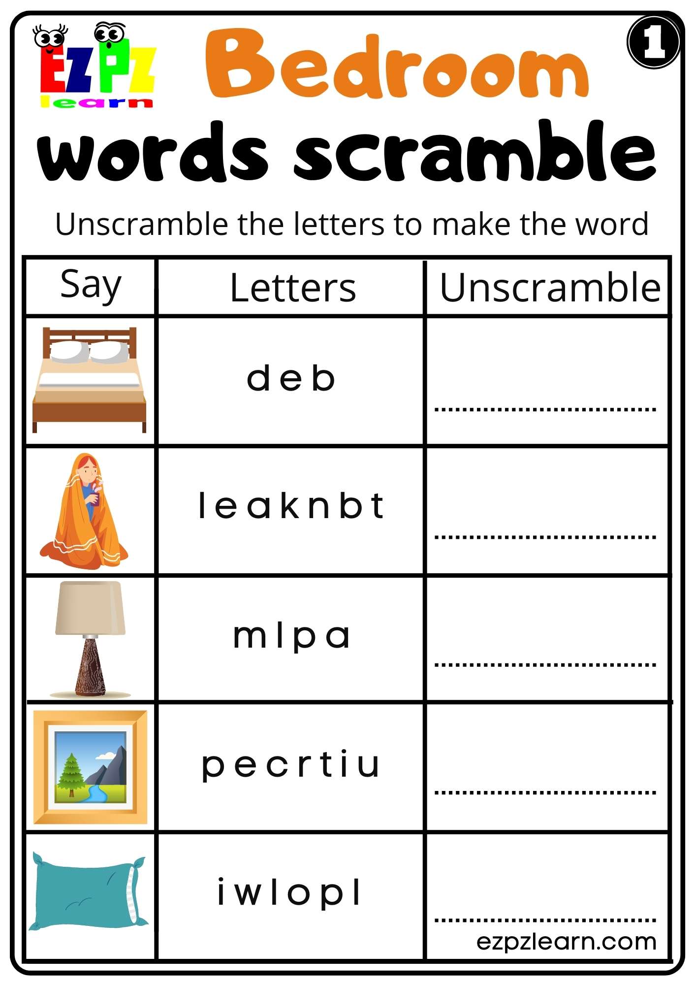 Bedroom Word Scramble Worksheet for ESL Students and Homeschool Free ...