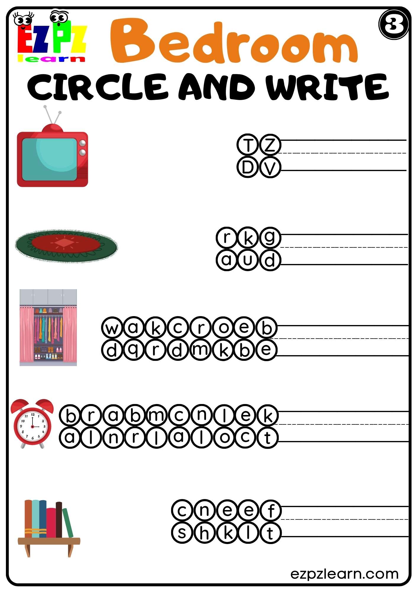 Bedroom Circle and Write Worksheet for ESL and K5 PDF Download Set 3 ...