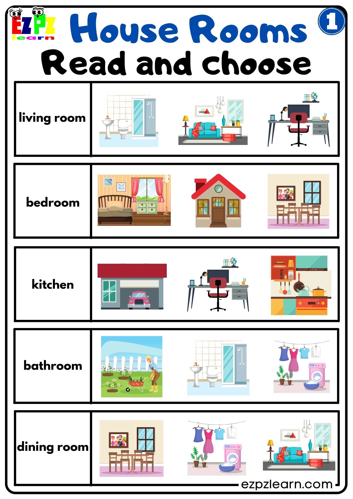 Learning the vocabulary for rooms in a house using pictures and words.