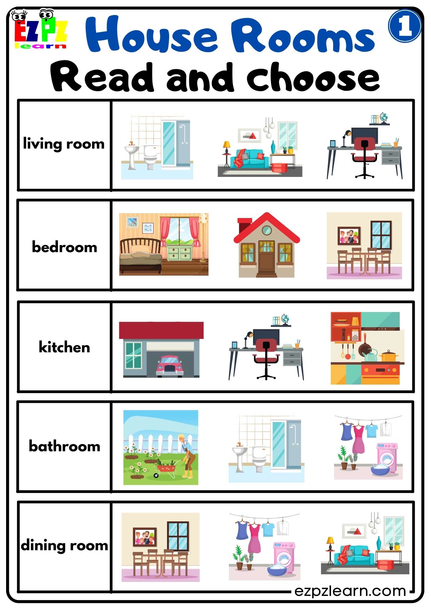 House Rooms Vocabulary Read and Choose Activity for Homeschool K5 and ESL  Teachers Free PDF 