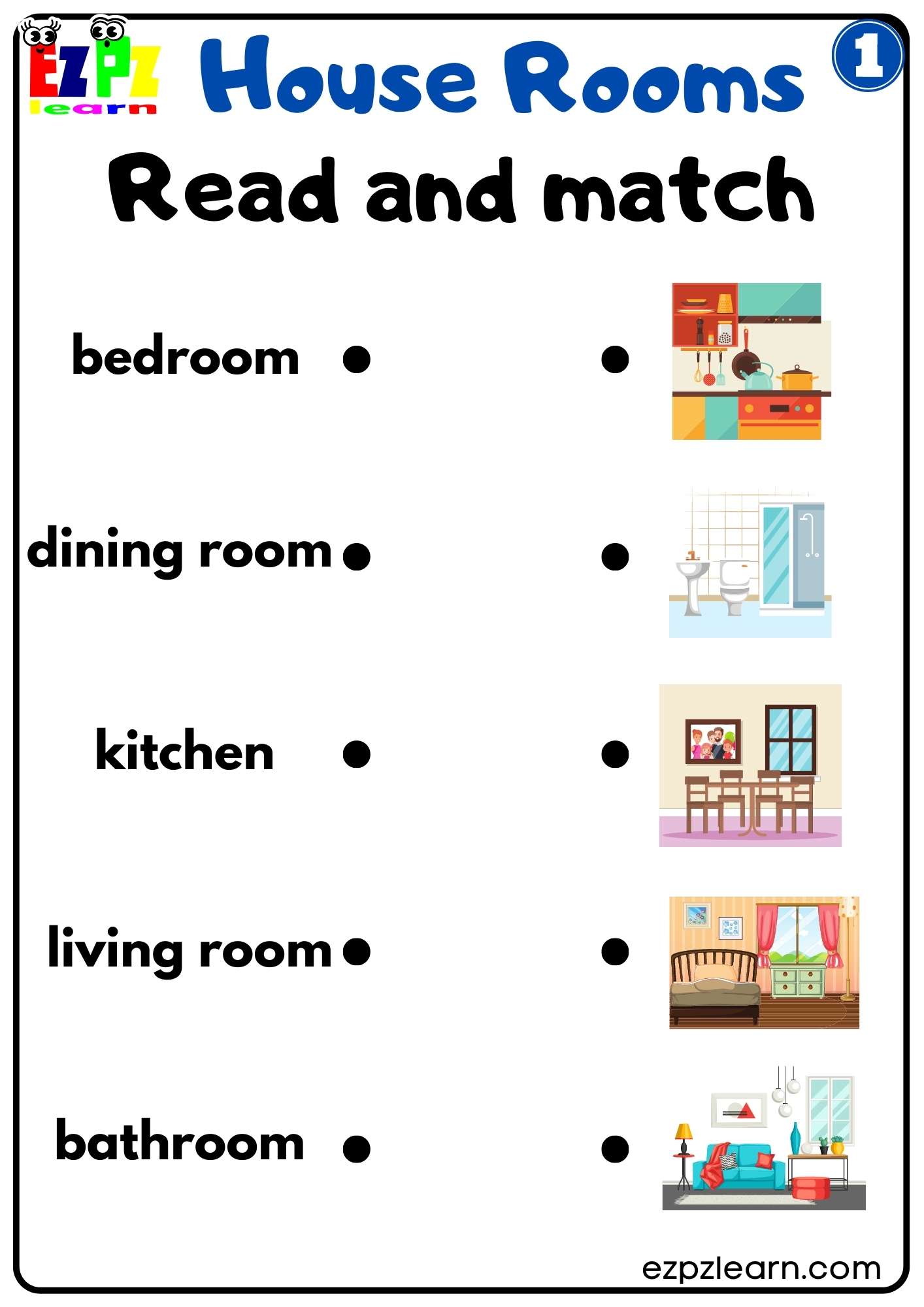House Rooms Vocabulary Read and Match Activity for Homeschool K5 and ESL  Teachers Free PDF 