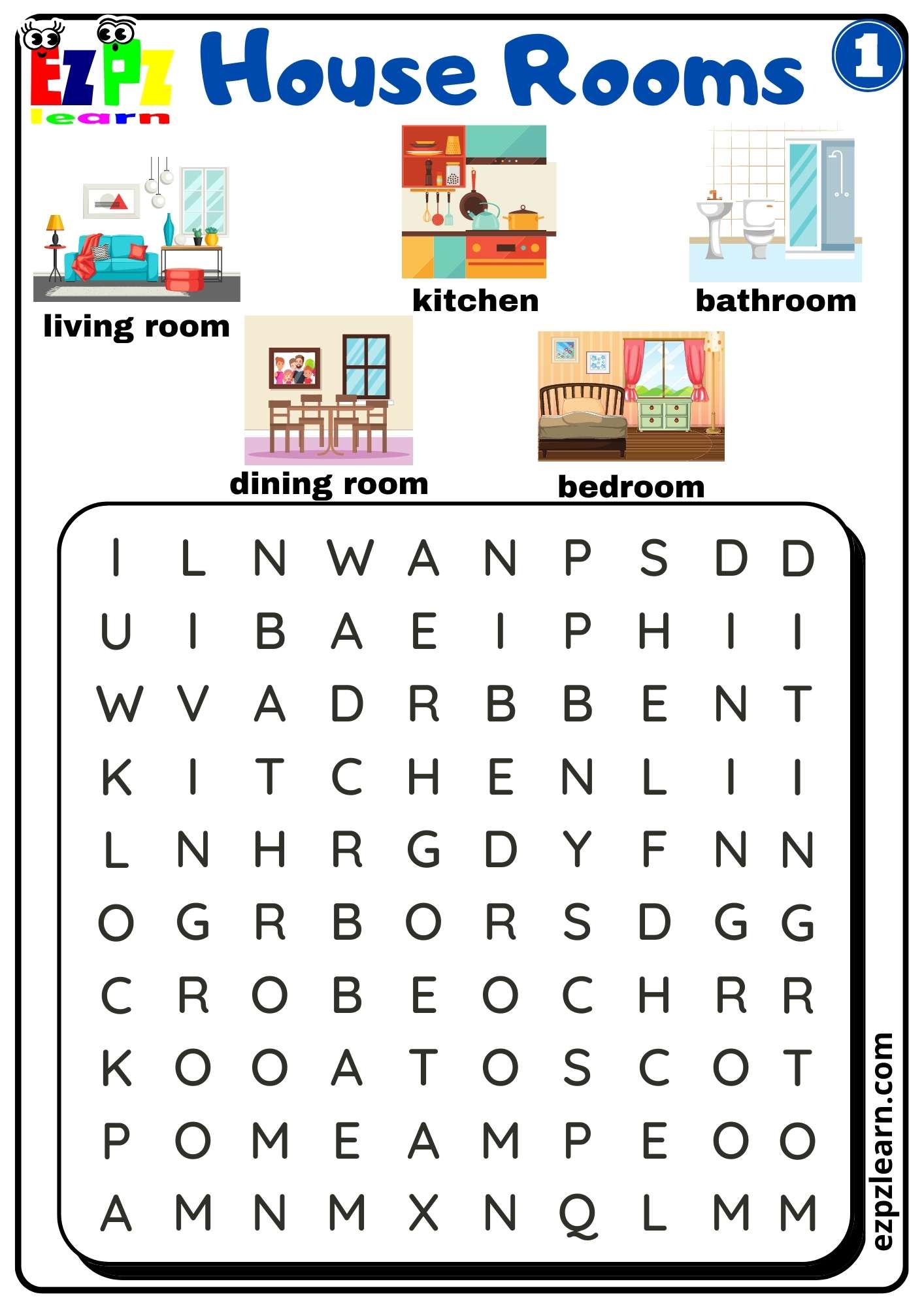 Rooms in the house interactive worksheet for grade 1