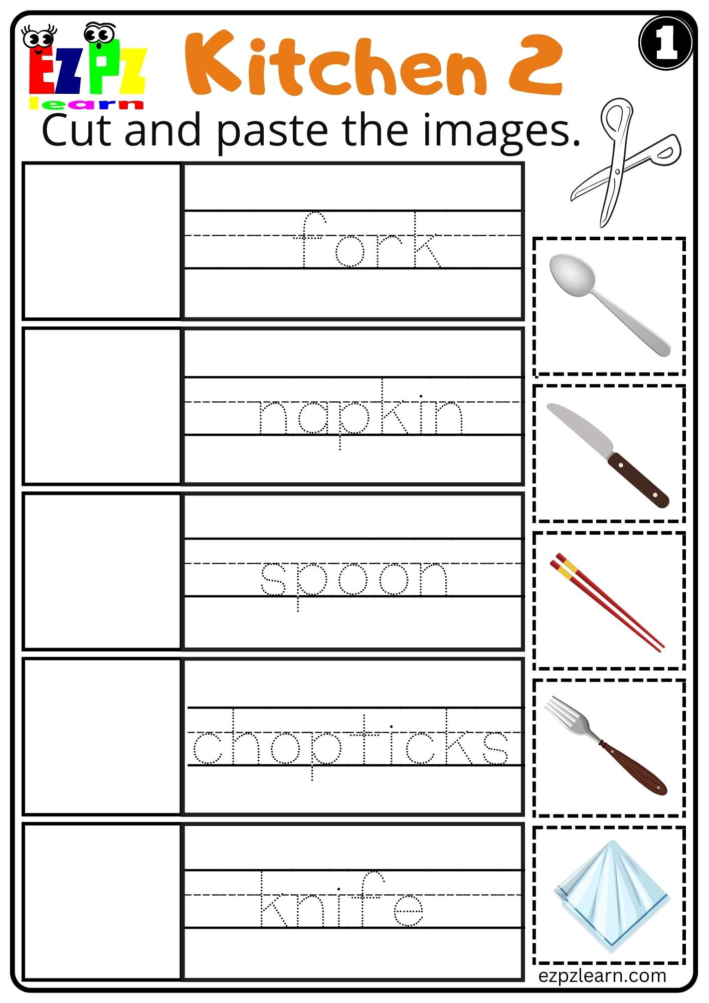 Kitchen Utensils Cut and Paste Worksheet for ESL and Homeschool ...