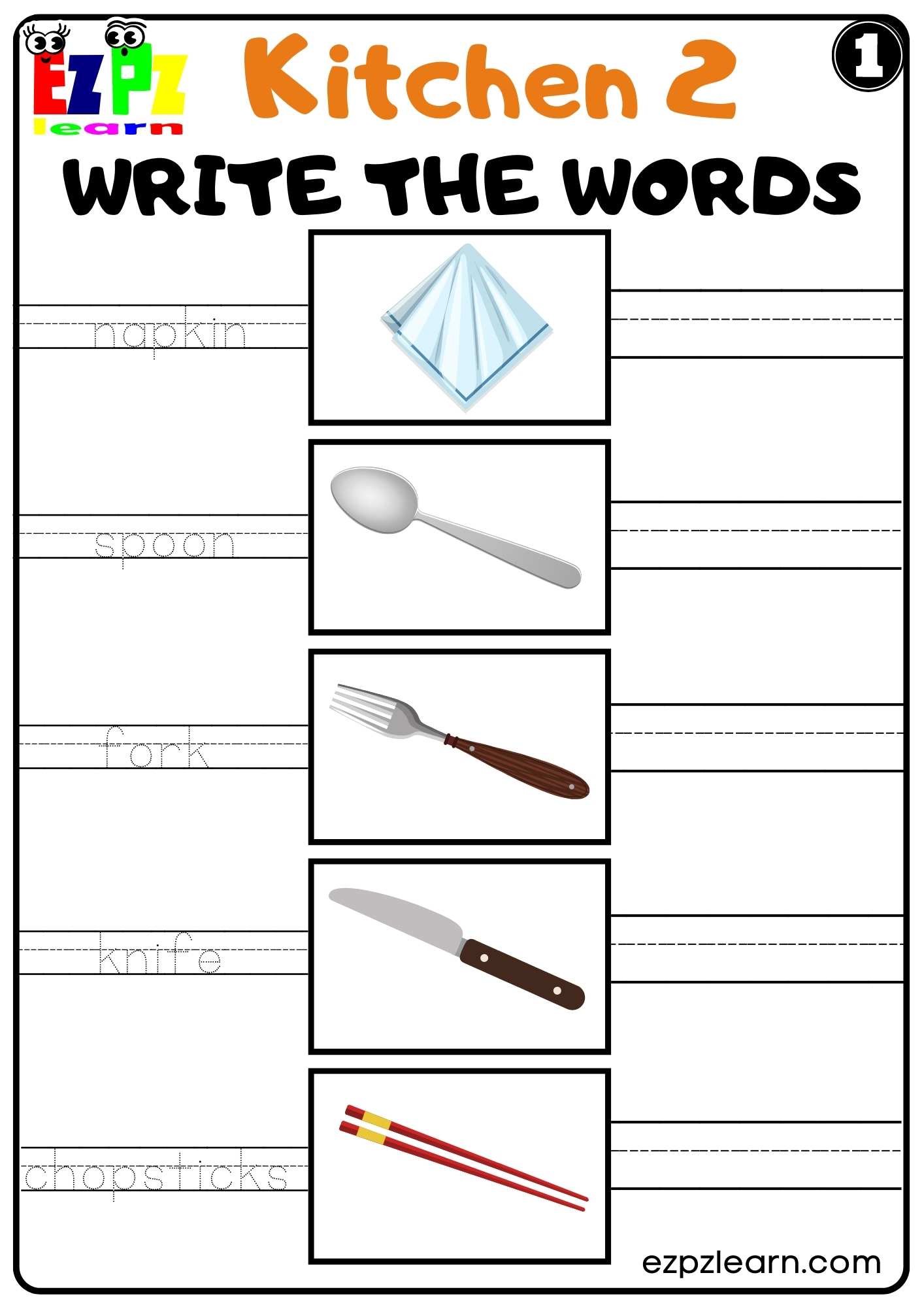 Kitchen Write the Words Worksheet for ESL and Homeschool students PDF ...