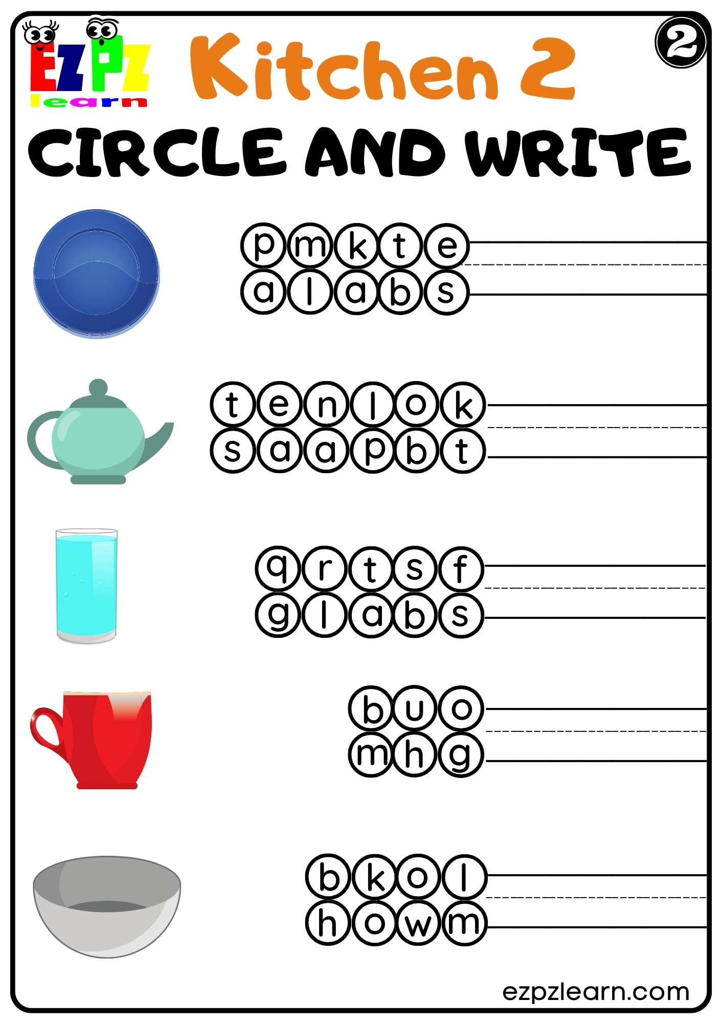 Kitchen Tools Writing Letters Kitchen Utensils Circle and Write Worksheet for K5 Homeschool and ESL ...