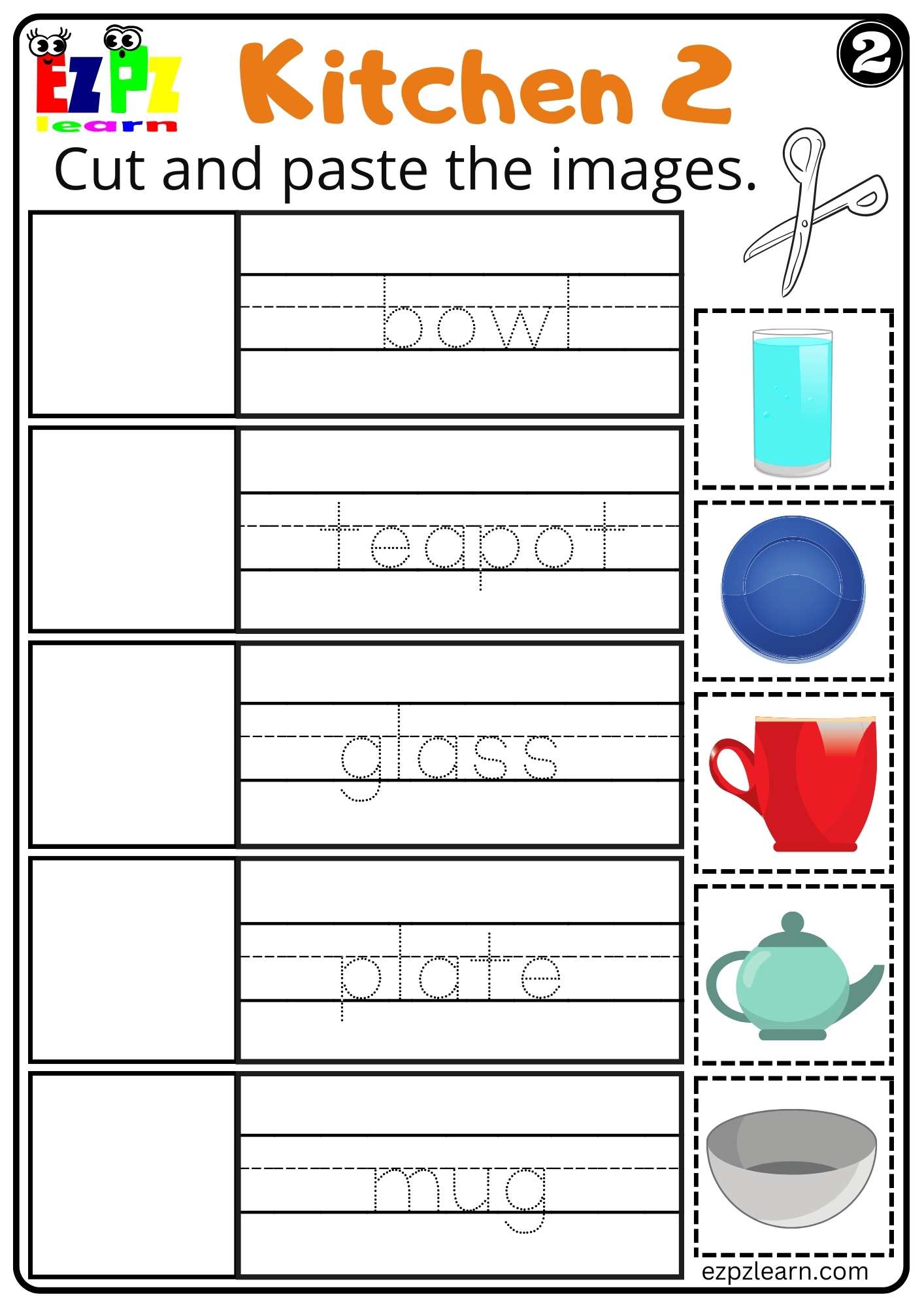 Kitchen Utensils Cut and Paste Worksheet for K5 Homeschool and ESL ...