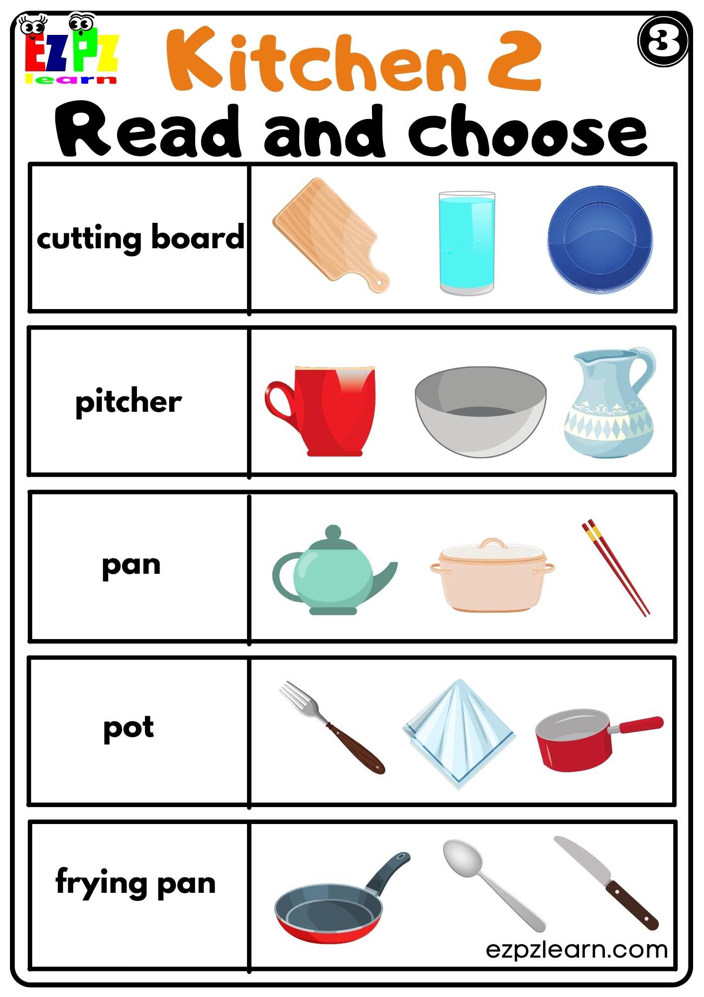 Kitchen Utensils Read and Choose Worksheet for K5 and ESL students PDF ...