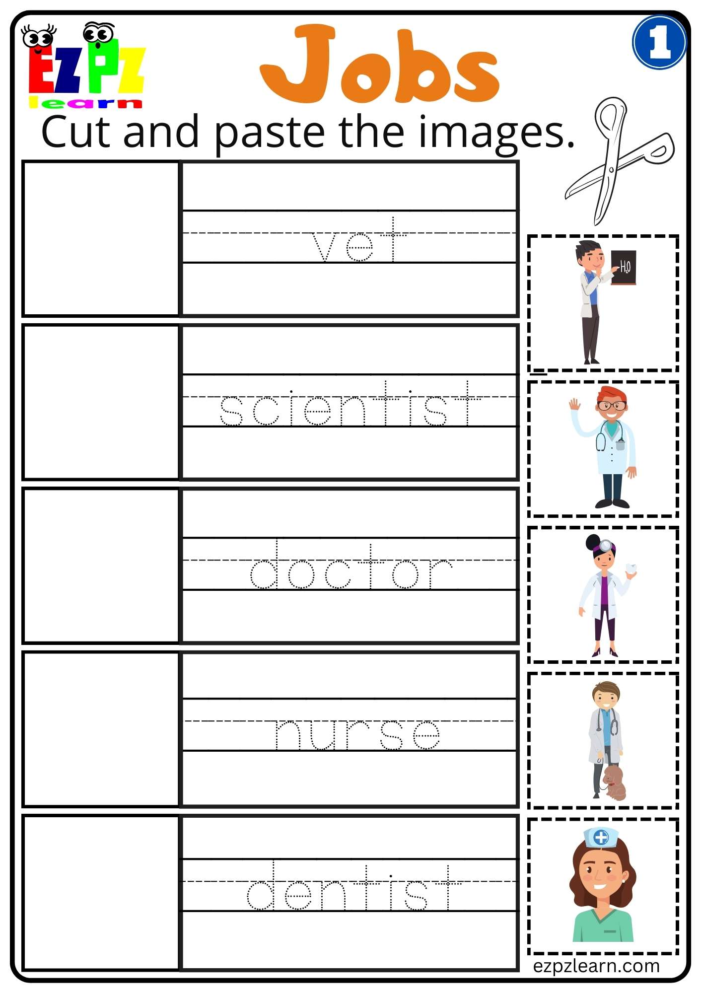 G1 Jobs Cut and Paste Worksheet for K5 and ESL Students Free PDF